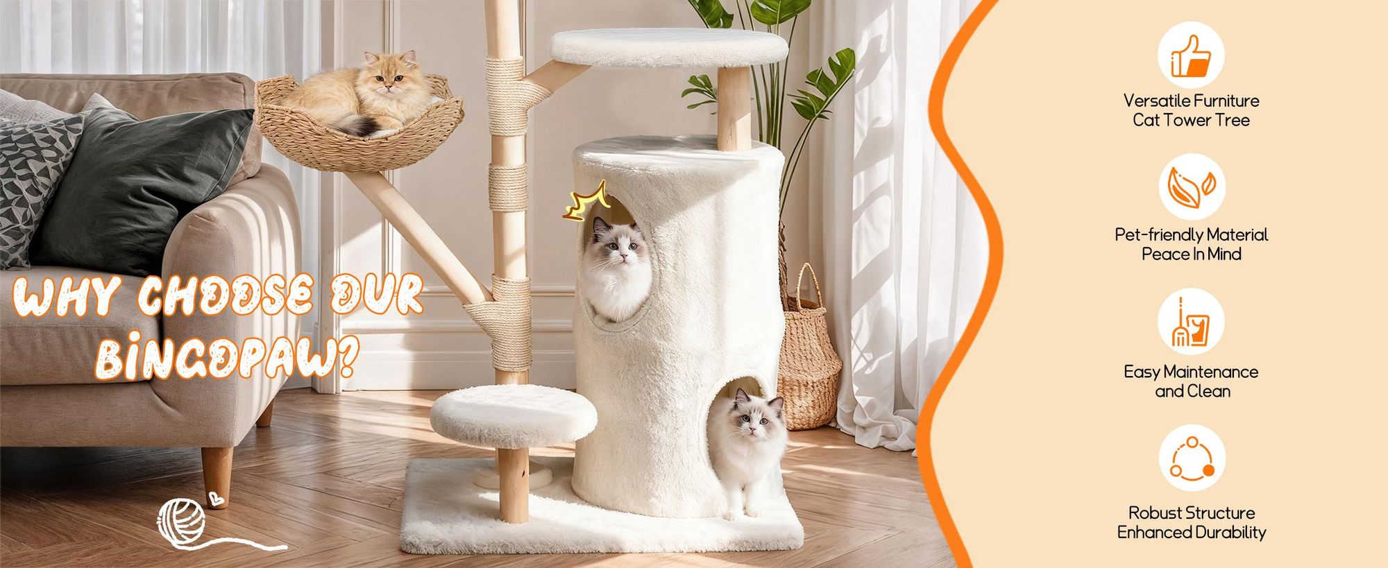 WISFOR Katzenkratzbaum 136cm hoch, mehrstufig Katzenbaum mit Korb Spielball beige