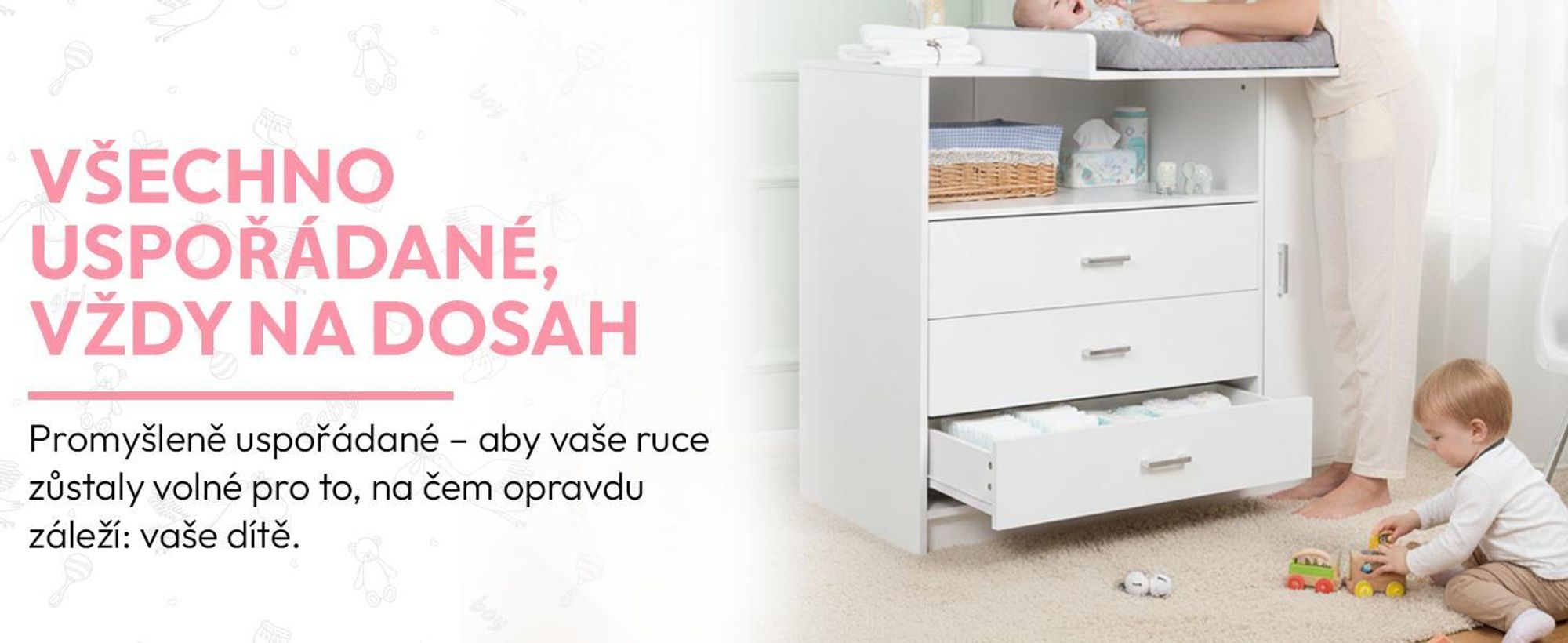 Přebalovací komoda Dětská komoda ze dřeva s přebalovacím pultem, 3 zásuvkami, 1 dvířky, výška 100 cm, bílá, přebalovací pult 113 x 100 cm