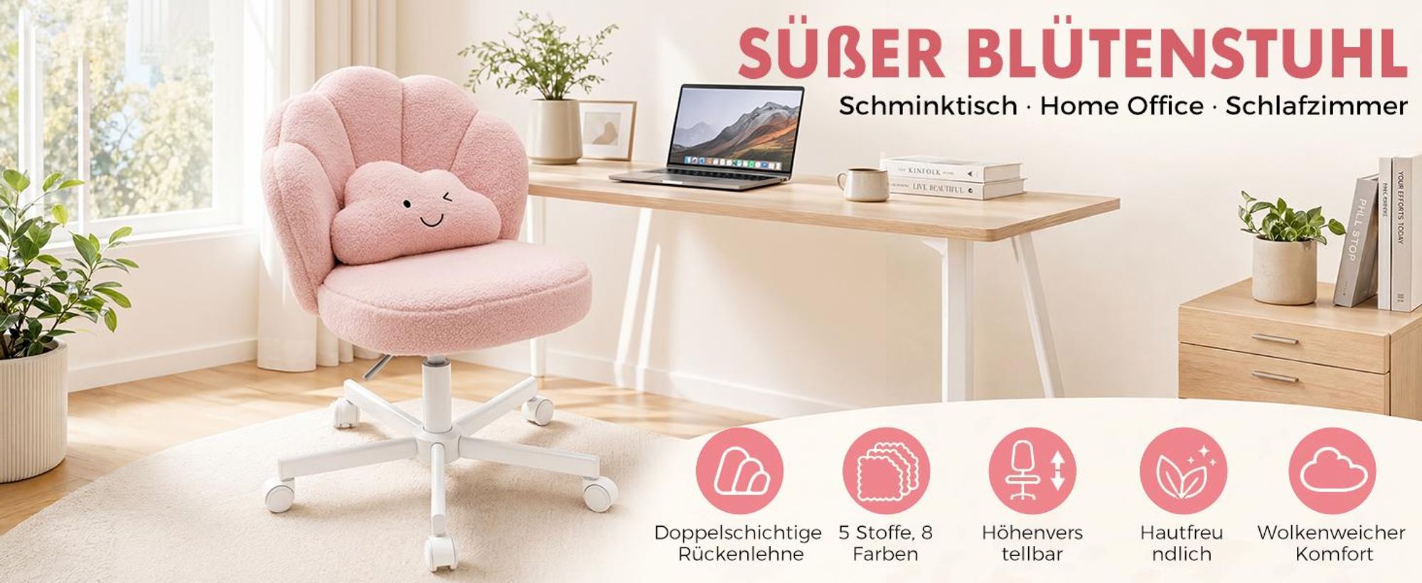 COMHOMA Bürostuhl Schreibtischstuhl, Schminkstuhl mit Rollen Doppelter Rückenlehne und Wolkenkissen, Höhenverstellbarer Drehstuhl, Teddystoff, ROSA