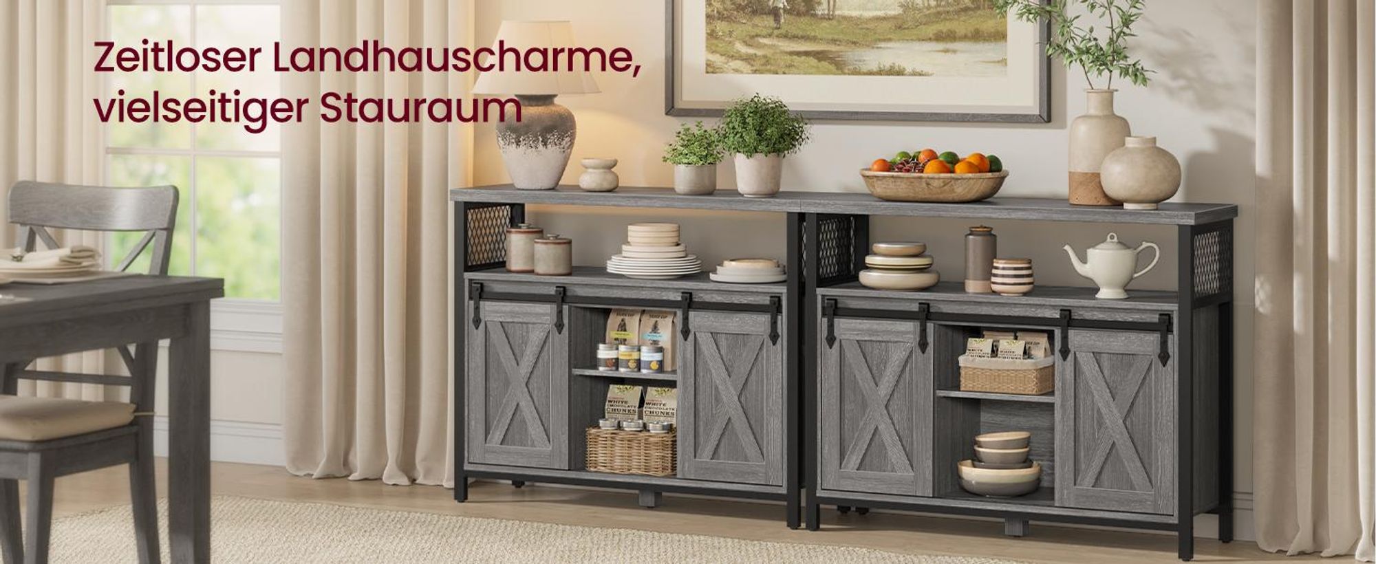 VASAGLE Sideboard Küchenschrank, mit 2 Schiebetüren, verstellbare Ablagen