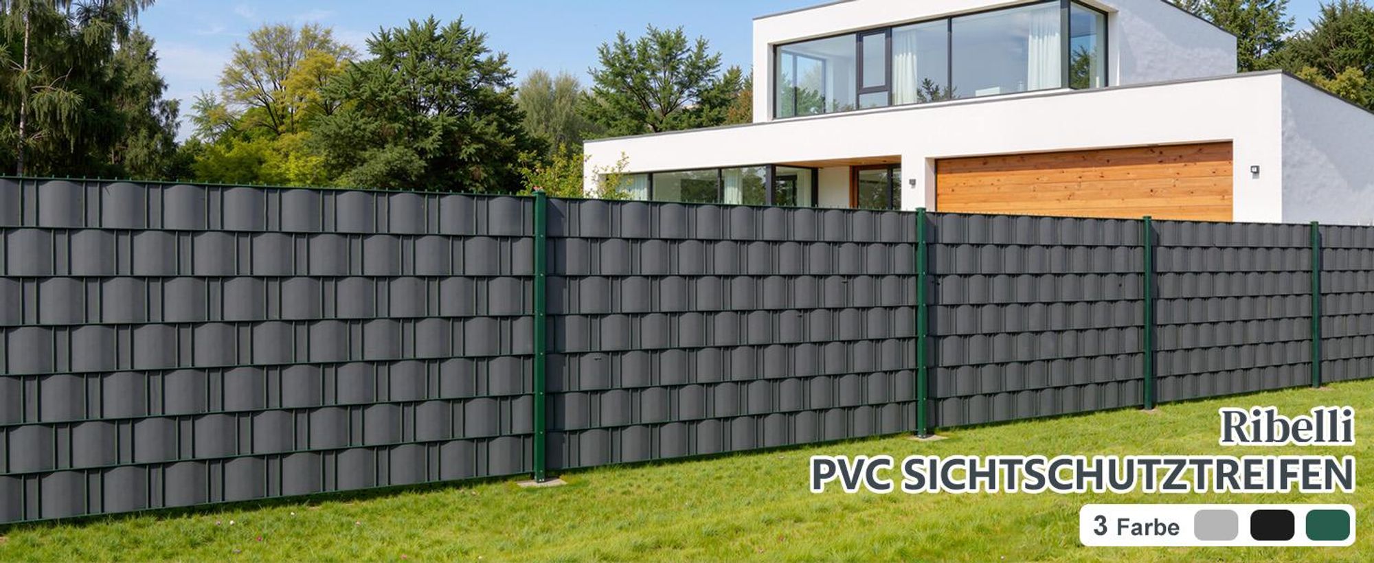 Ribelli Sichtschutzstreifen Garten Sichtschutz Zaun，Dunkelgrau/Hellgrau/Grün，PVC ca. 35 Meter x 19 cm inkl. 30 Clips, 420g/㎡
