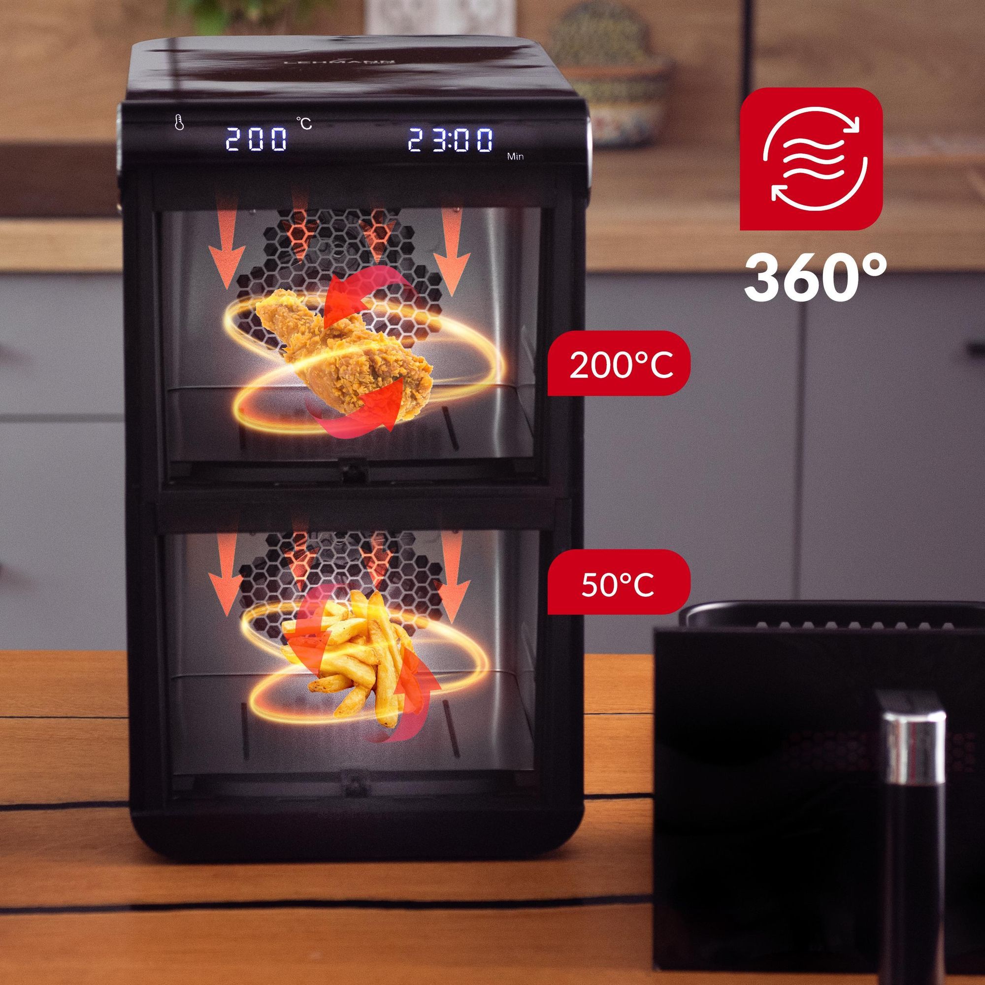 Frytkownica beztłuszczowa LEHMANN VITALIA podwójna frytownica 11l. Air Fryer 2800W, pionowa, 2x szuflady, 50–200°C