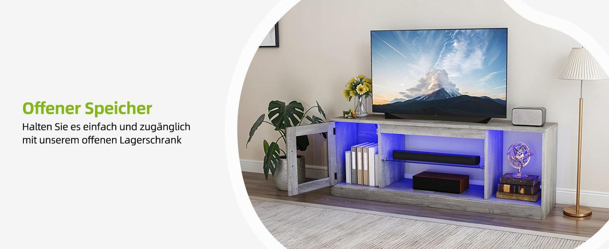 TV-Schrank für Fernseher bis zu 65 Zoll mit 7 RGB-LED-Leuchten mit 22 Modi, 148 x 51 x 32 cm, Grau