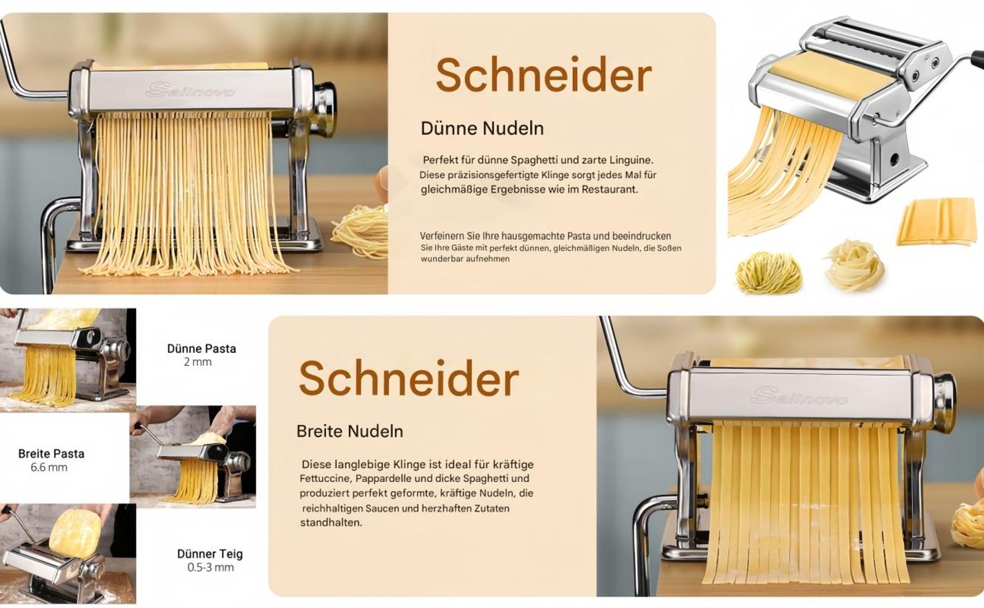 3-in-1 Edelstahl Nudelmaschine Pasta Maker mit 2 Klingen und 9 Einstellbare Dicke, Nudelschneider, Frische Manuelle Pasta Walze Maschine mit Befestigungsklammern, Silber