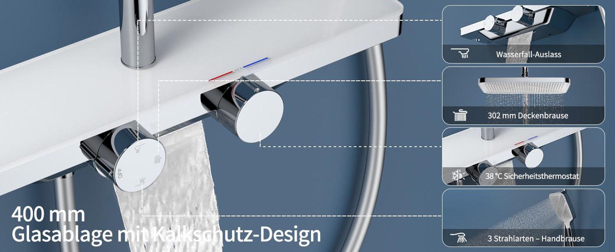 Homelody Duschsystem Thermostat, Regendusche Set mit Glasablage & 12 Zoll kopfbrause, 3 Strahlarten handbrause, Edelstahl Höhenver Duschset, Chrom