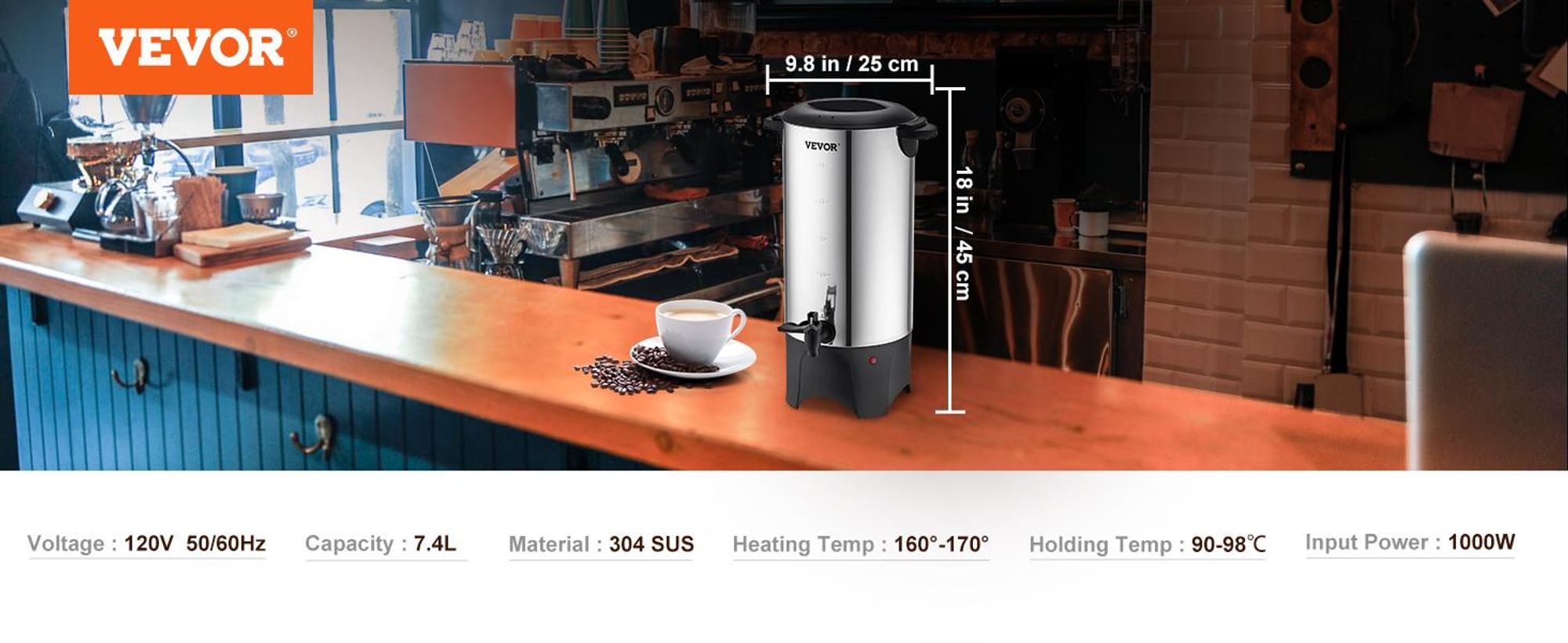 VEVOR Kommerzielle Heißgetränkespender Kaffee Heißwasserspender 50 Tassen, 1000 W Warmhaltebehälter Heißwasserspender 7,4 L Warmhaltebehälter Säfteimer für Büro, Partys, Café, Picknicks usw.