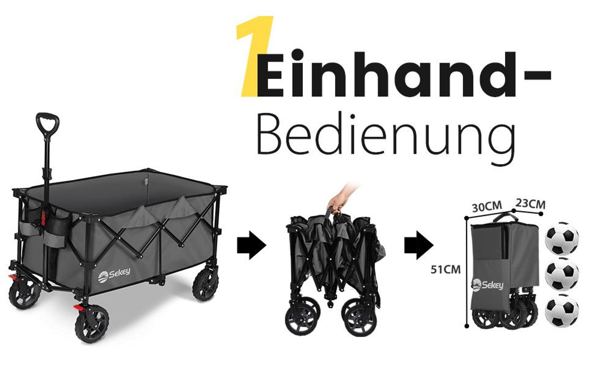 Sekey Bollerwagen faltbar 150 kg mit Bremsen, klappbarer Handwagen für Garten und Ausflug, Anthrazit