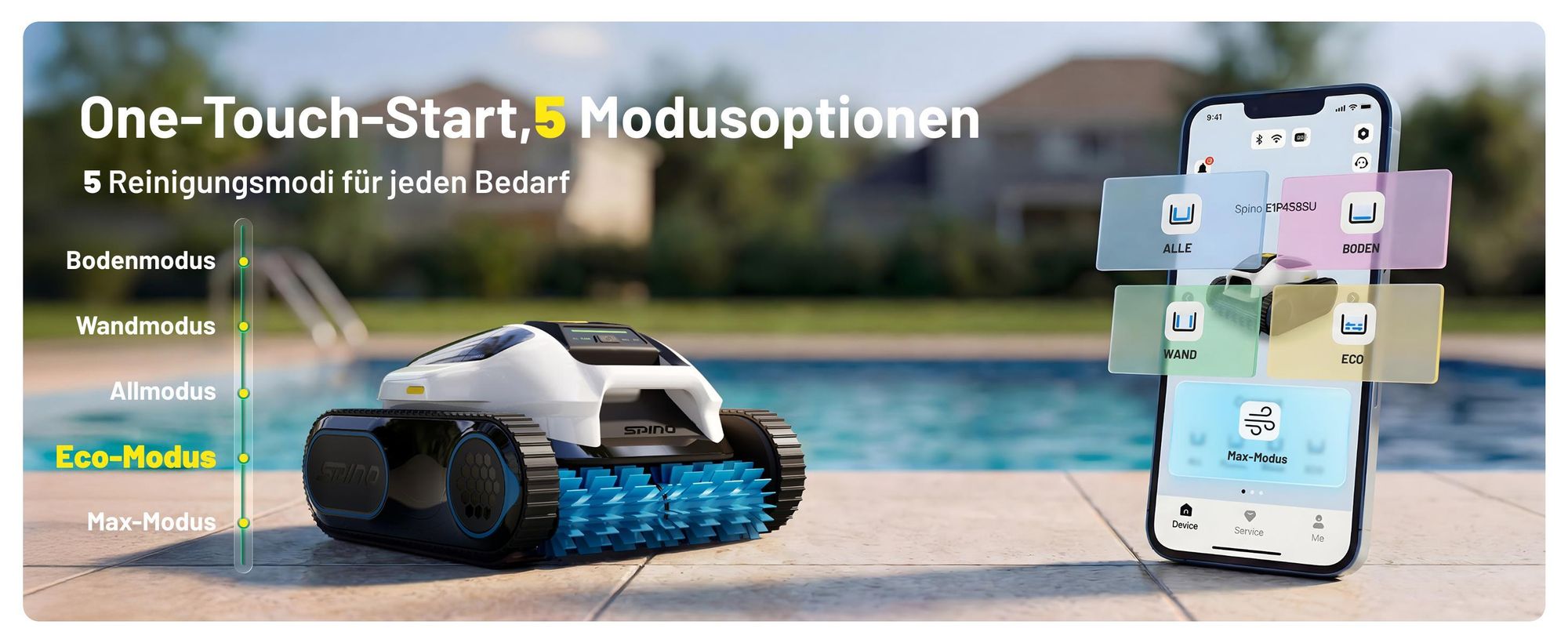 Mammotion Poolroboter Spino E1 Kabellos Poolsauger bis 150m² Pools, 6 Ah, 210 Min Laufzeit, App, SmartArc Routenplan, für Boden, Wand, Wasserlinien