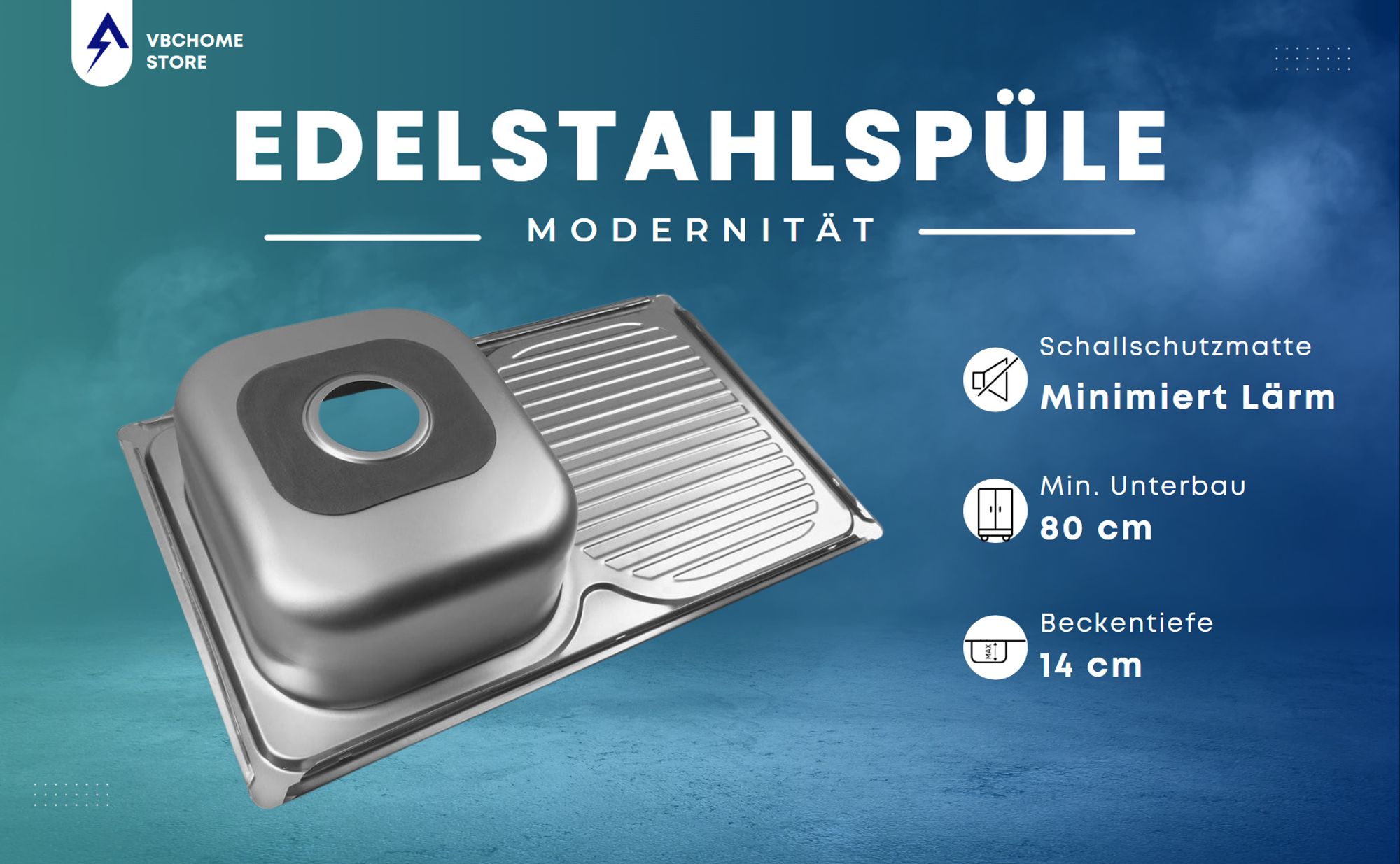 VBChome Edelstahlspüle mit Armatur 75x40x14cm Edelstahl Glatt Küchenspüle mit Hahnloch Rechtsseitig Abtropffläche Siphon Armatur mit flexiblem Auslauf