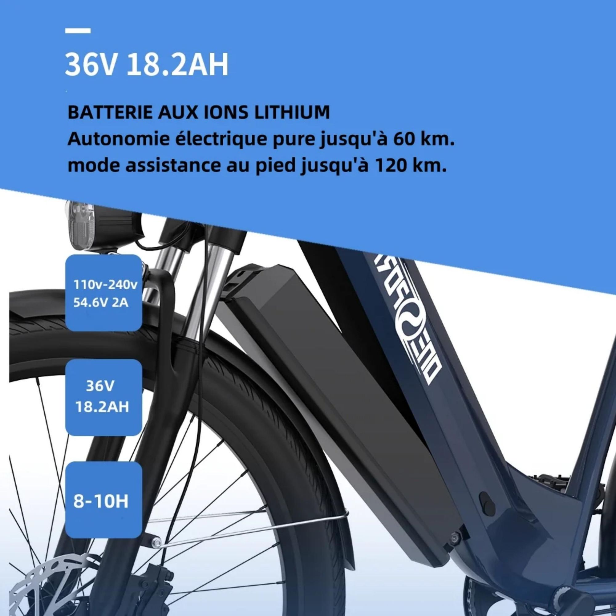 Batterie 36V 18.2Ah Pour Vélo électrique – Lithium-ion, Compatible Moteurs 250W-1500W, BMS 30A, Autonomie ~45 Km