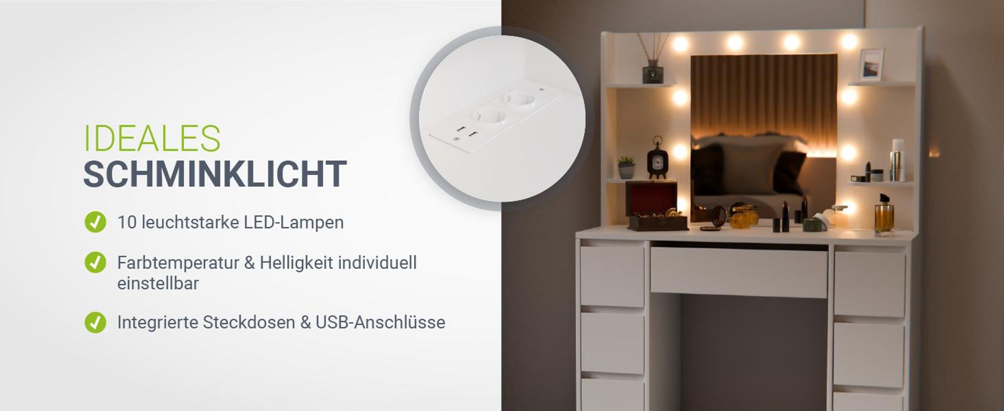 Juskys Schminktisch Malia und Hocker Tonia mit LED, 7 Schubladen & großem Spiegel – Weiß