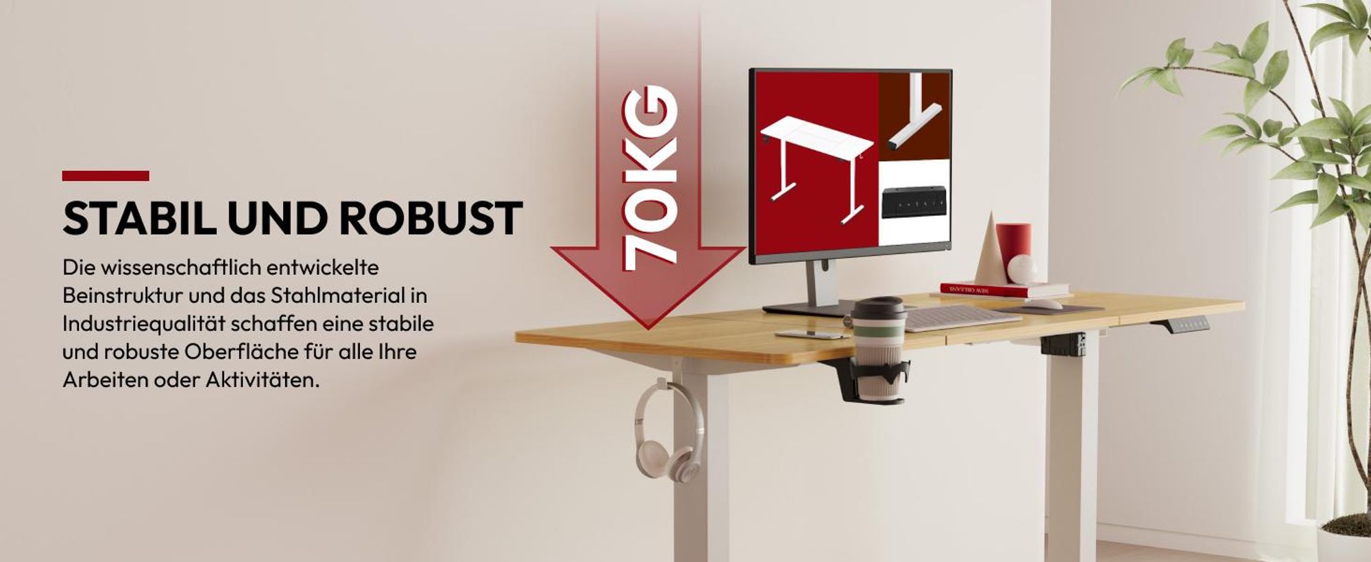 SANODESK Höhenverstellbarer Schreibtisch 160x60cm elektrisch 4 Memory-Funktion, Antikollisionsschutz, 70kg Tragkraft, mit Haken und Ablagebox (Ahorn)