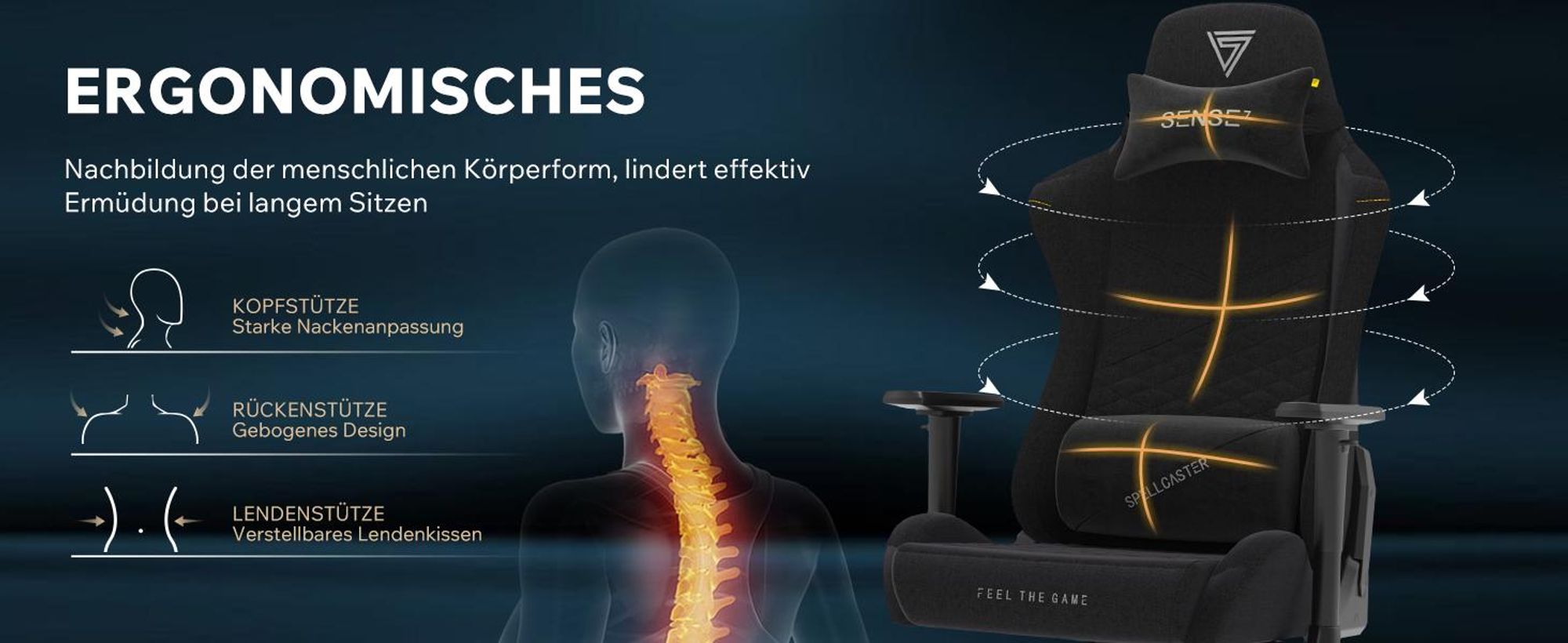 SENSE7 Spellcaster SENSHI XL Gaming Stuhl Stoff Schwarz - Ergonomischer Bürostuhl für große Personen 160kg Chefsessel Kaltschaum 2D-Armlehnen