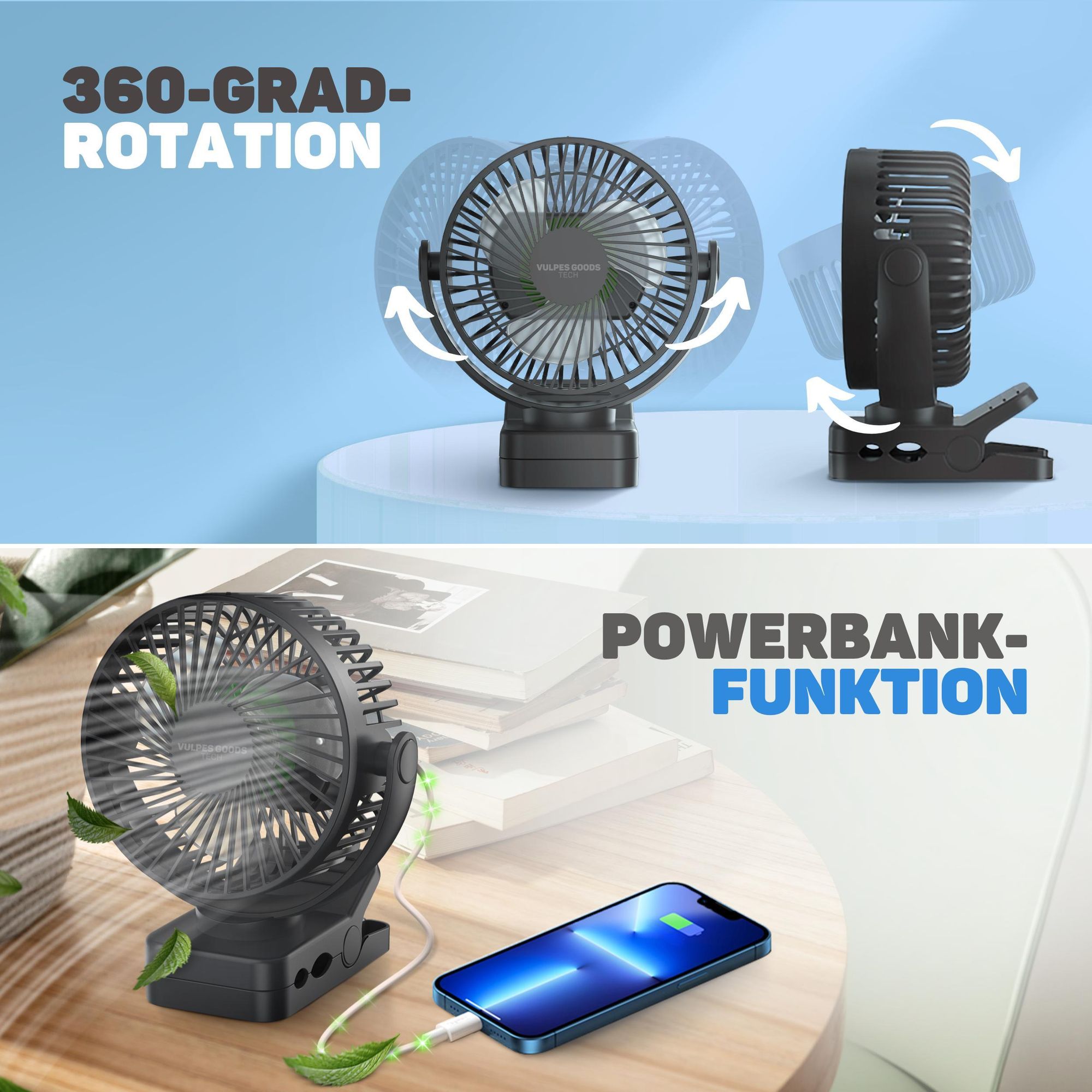 Vulpes Goods Mini Ventilator, Tischventilator, Handventilator, Wiederaufladbar, 3 Geschwindigkeiten, Verlichting, Powerbank-Funktion, 12000 mAh