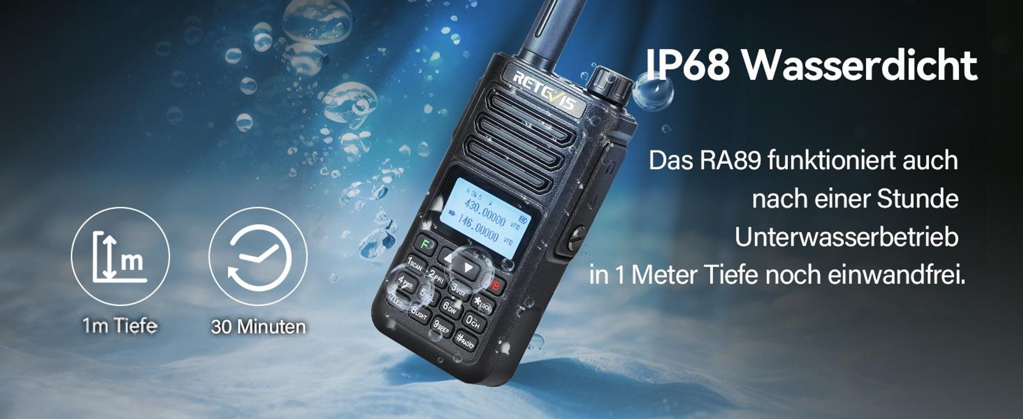 Retevis RA89 Amateurfunk, Hohe Leistung, IP68 Wasserdicht, Dualband, VFO, 2500 mAh Akku, Wiederaufladbares Walkie-Talkie Typ C(2 Stück, Schwarz)