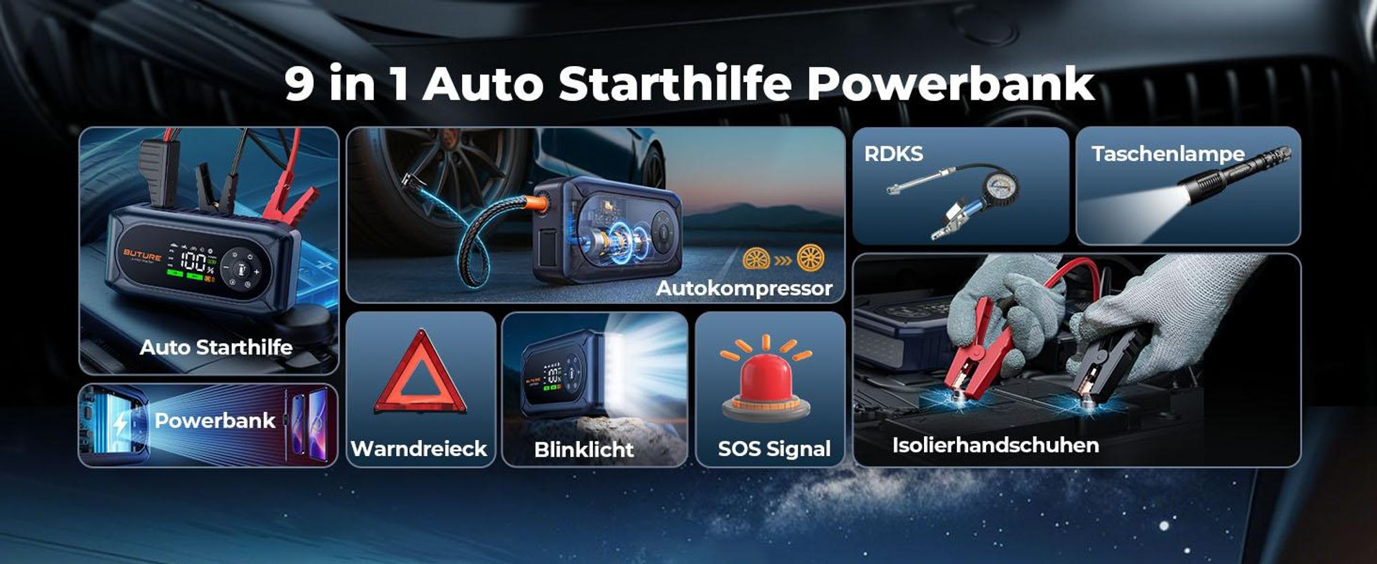 Buture Starthilfe Powerbank, 5000A Spitzenstrom, 16800mAh Auto Starthilfe mit LCD-Display(Für alle Benzinmotor oder 10,0L Dieselmotoren)BC02