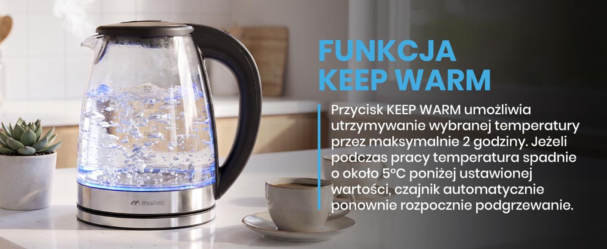 Szklany elektryczny czajnik o pojemności 1800ml i funkcją utrzymywania temperatury o mocy 2200W