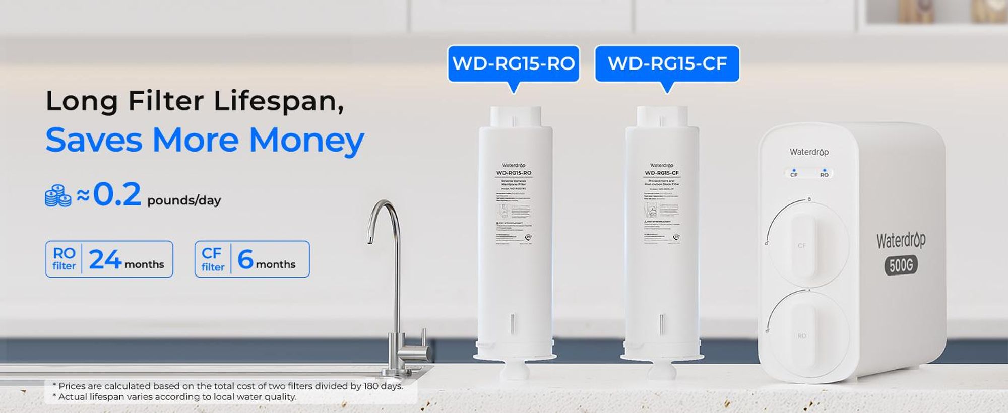 Waterdrop G5P500 Umkehrosmose-Wasserfilter, 7-Stufiges Umkehrosmosesystem, 500G RO-Wasserfiltersystem, 2:1 Pure to Drain, Reduziert TDS PFAS