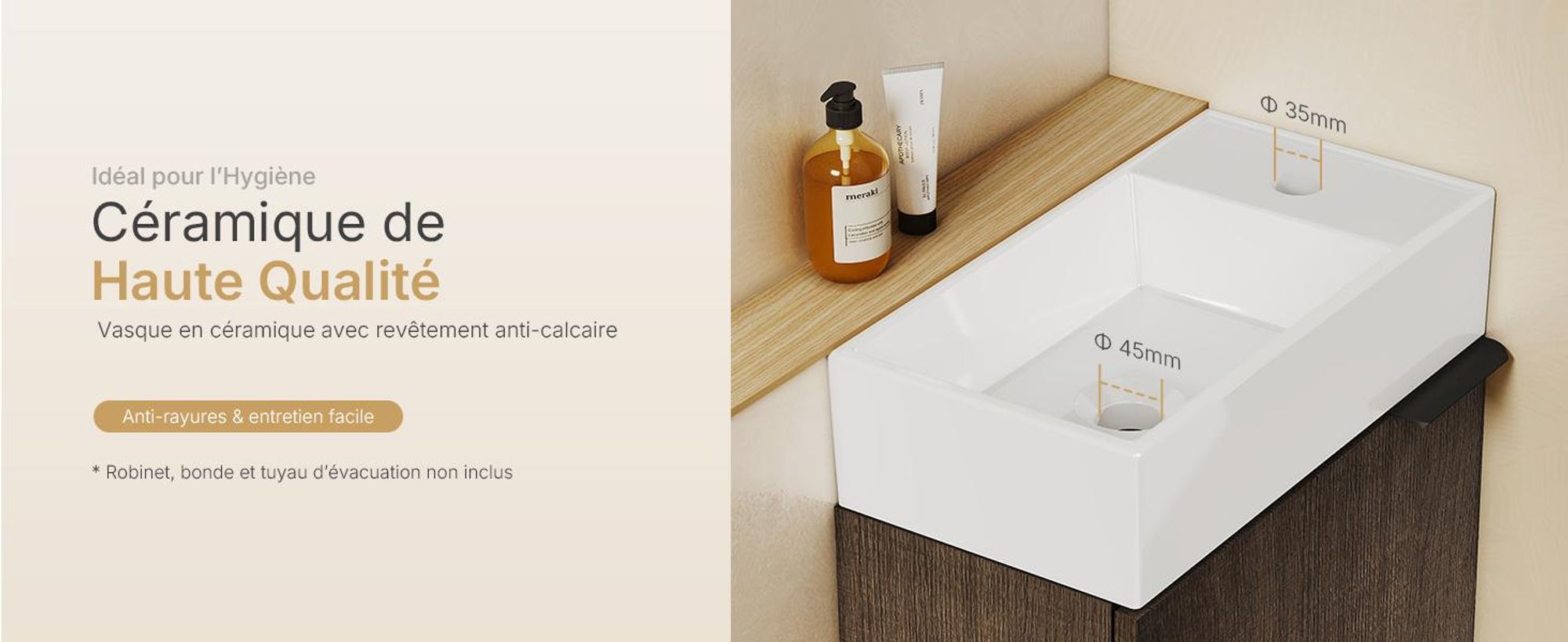 EMKE Ensemble de lavabos Meuble sous-lavabo avec vasque en céramique 417×240×646 mm suspendu, Soft-Close, chêne fumé