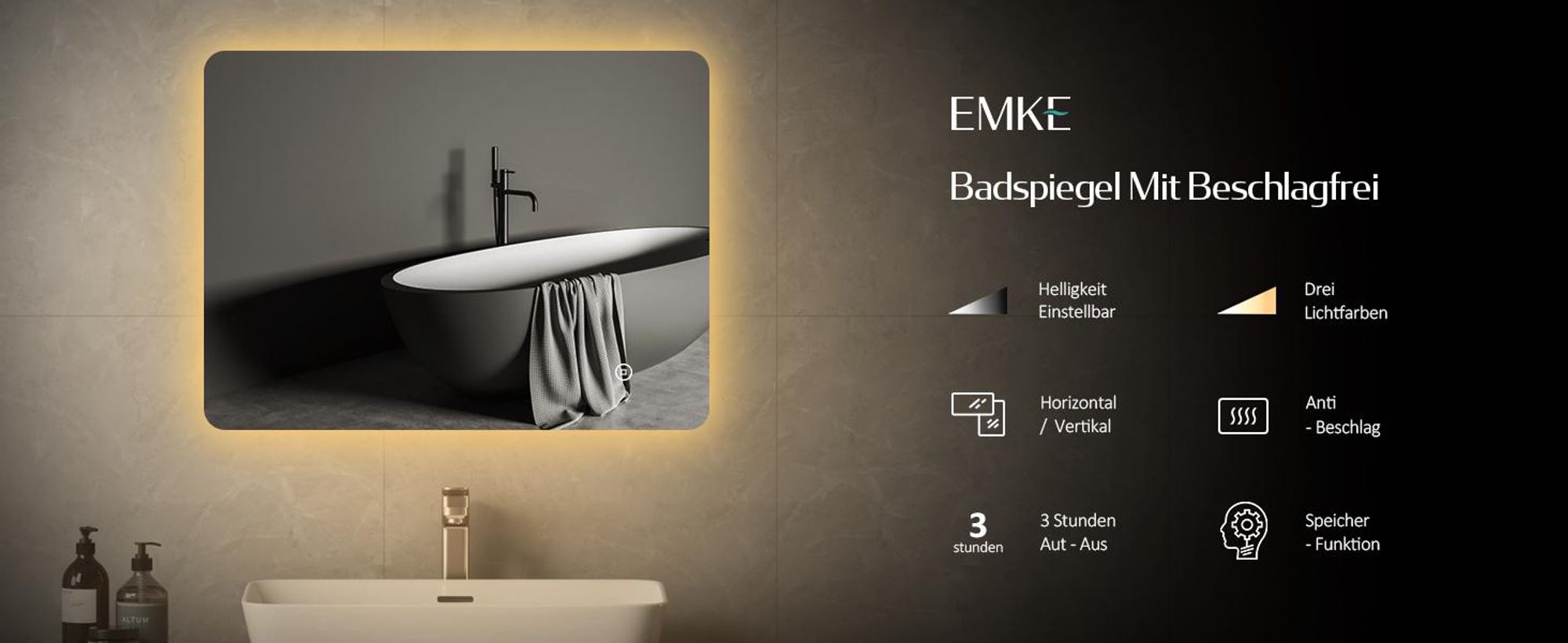 EMKE LED Badspiegel 70x50cm mit Beleuchtung 3 Lichtfarbe kaltweiß Neutral Warmweiß Beschlagfrei Lichtspiegel Badezimmerspiegel mit Touchschalter