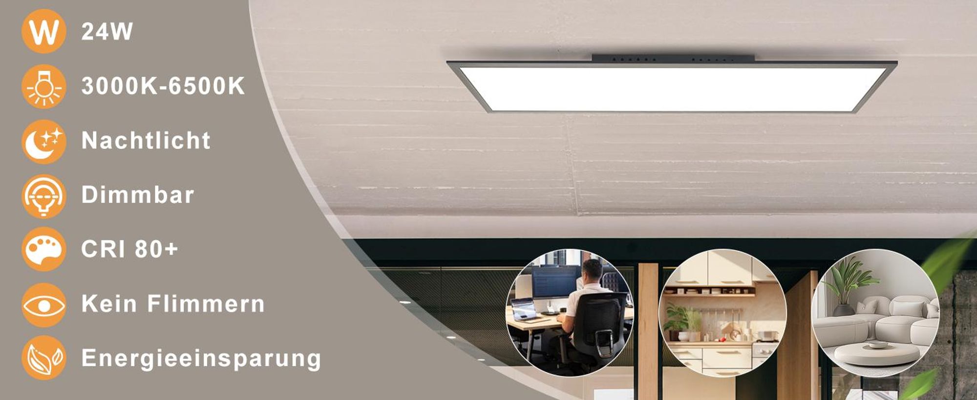 ZMH Deckenleuchten LED 100x25CM Deckenlampe 24W Flach Büro mit Fernbedienung lampe Dimmbar Küchenlampe Büroleuchte für Küche Schlafzimmer Flur Schwarz