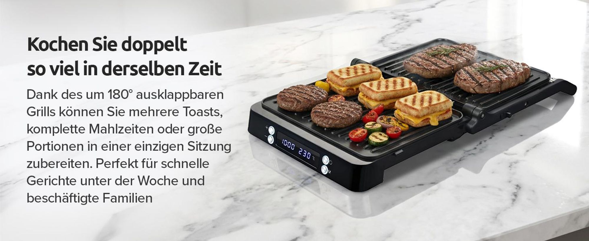 Olvy Kontaktgrill XXL 2000W – Sandwichmaker für 4 Sandwiches, Paninimaker mit 7 Programmen, Tischgrill mit Display, PFAS-frei, bis 230° einstellbar