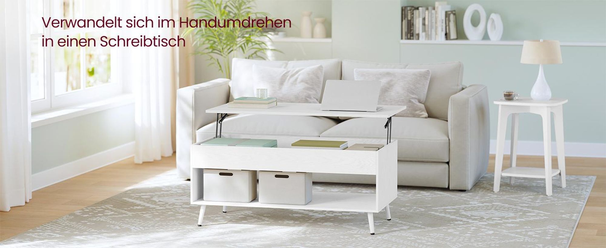 VASAGLE Wohnzimmertisch, höhenverstellbarer Couchtisch, verstecktes Fach, für Homeoffice, offenes Fach, weiß