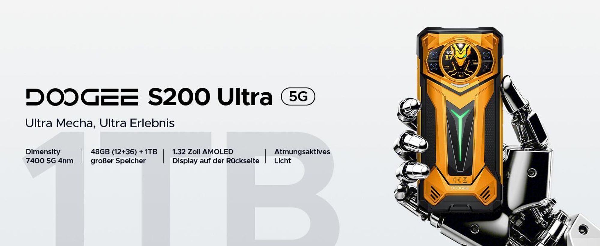 DOOGEE S200 Ultra Rugged Smartphone Handy, 5G, IP68/IP69K, 6,72" 120Hz, 1,32" AMOLED, 11000mAh, 66W, 48GB+1TB, 100MP, NFC, Fingerabdruck, ohne Vertrag