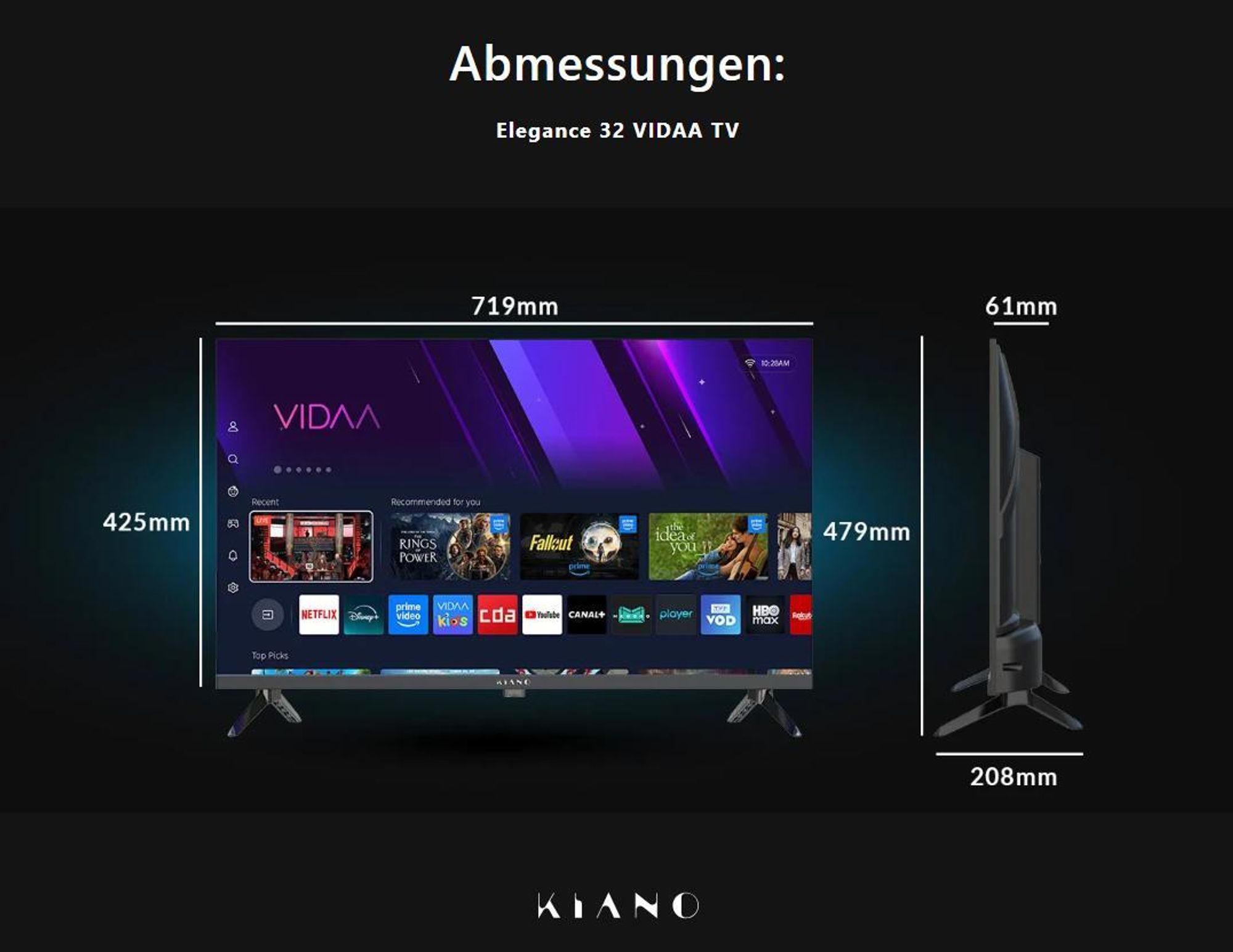 Kiano Elegance Fernseher - Vidaa Smart TV - 32 Zoll - LED - HD Ready - VIDAA - WiFi - Miracast - PVR-Recorder - Tuner DVB-T2/S2 - Dolby