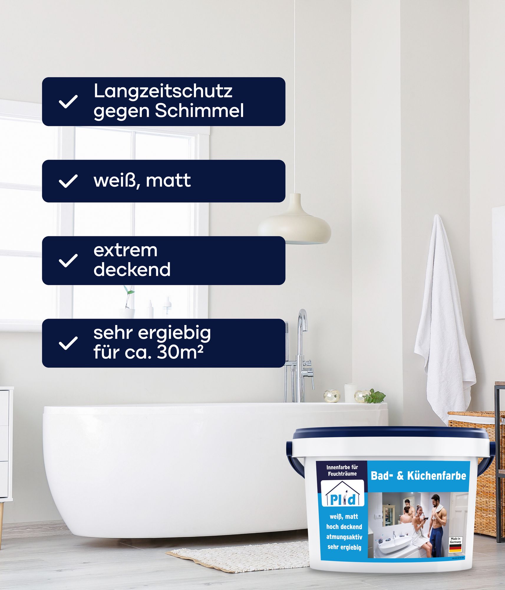 Plid Bad- & Küchenfarbe Weiß Matt 5L mit Anstreichset – Für ca. 30m² – Feuchtraumfarbe, Badfarbe, Küchenfarbe – Hochdeckende Innenfarbe für Küche & Ba