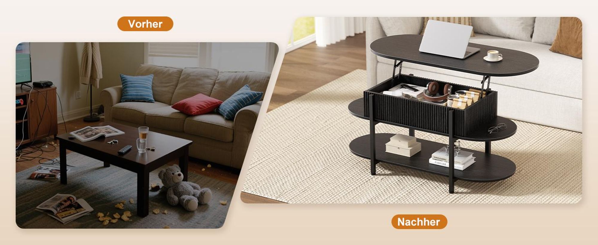FABATO Couchtisch oval, höhenverstellbar mit verstecktem Stauraum, 3-Etagen-Design in Schwarz