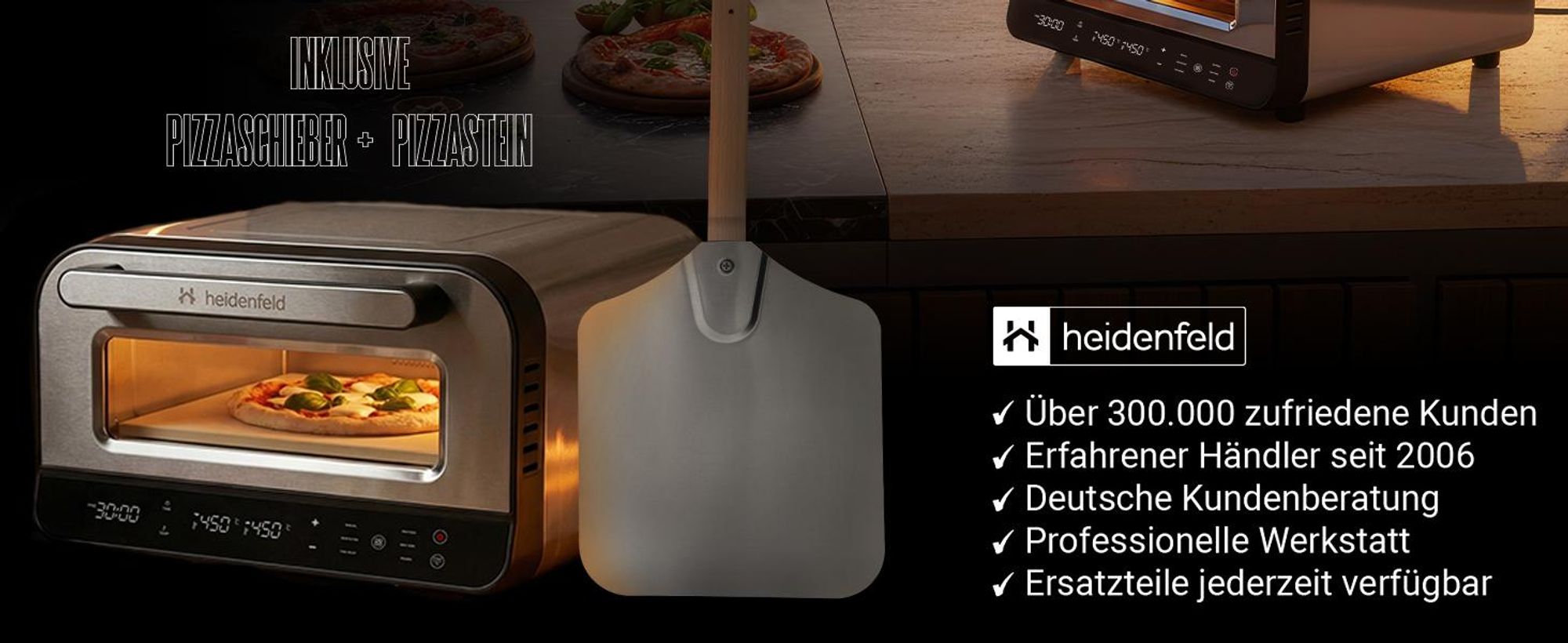 Heidenfeld Pizzaofen Pizzaboss | Elektrischer Pizza Ofen - Backofen - Pizzabackofen - Pizzamaker - inkl. Pizzastein & Pizzaschieber - Bis 450° C
