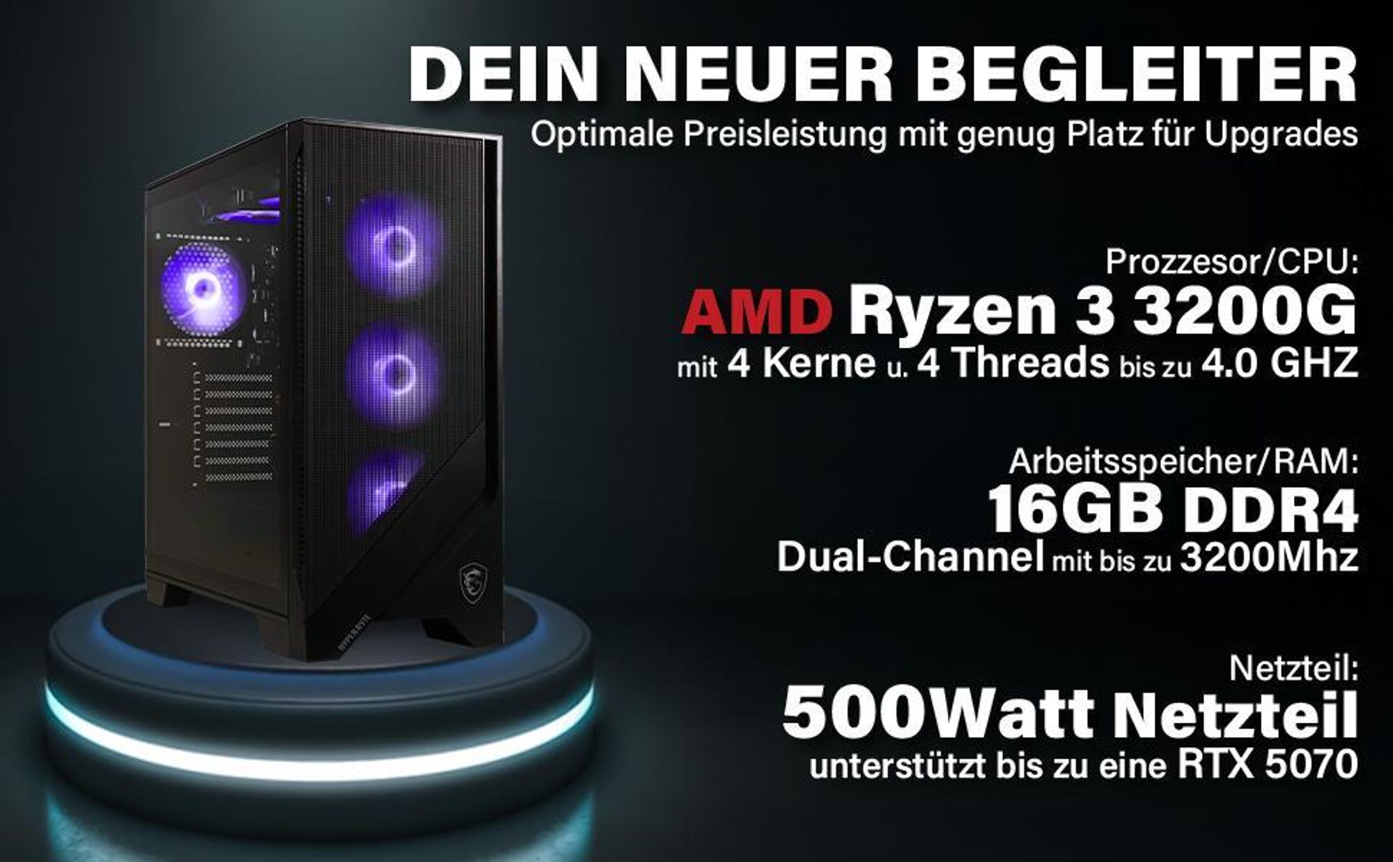 HYPER BYTE Essential - Gaming PC / Computer - AMD Ryzen 3 3200G | 3,6 GHz | Vega 8 | 16GB DDR4 | 256GB SSD | WLAN | Win11 Pro