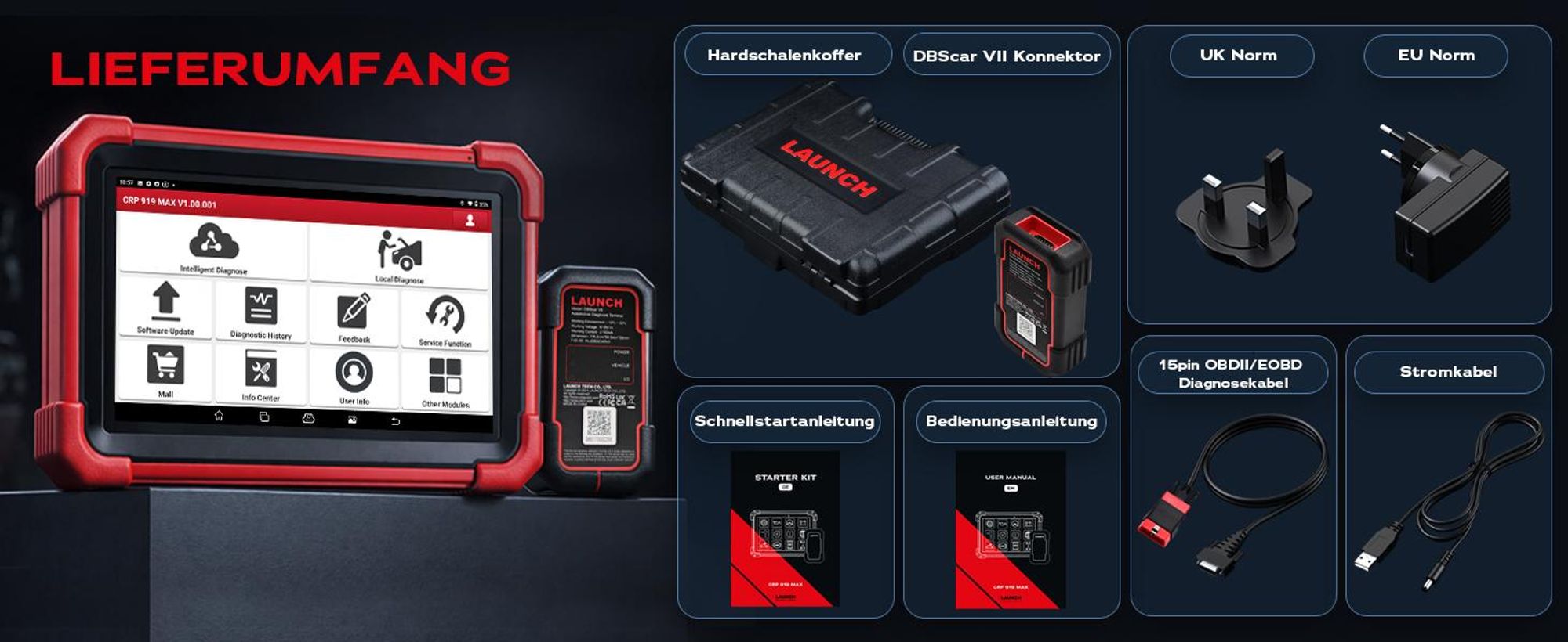 LAUNCH EUROPE CRP 919 MAX OBD2 Diagnosegerät Auto für alle Fahrzeuge, Fehlerauslesegerät KFZ, Alle System Auslesegerät Marken, 31+
