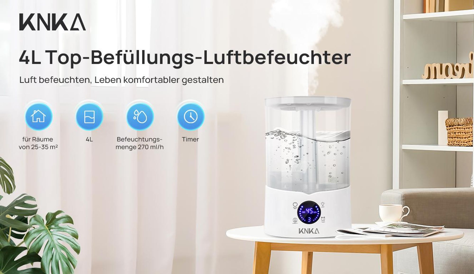 KNKA Luftbefeuchter Schlafzimmer, 4L Top-Fill Humidifier bis zu 30H, BPA-Frei, 30dB Leise Klein Raumluftbefeuchter für Kinderzimmer, Pflanzen, Weiß