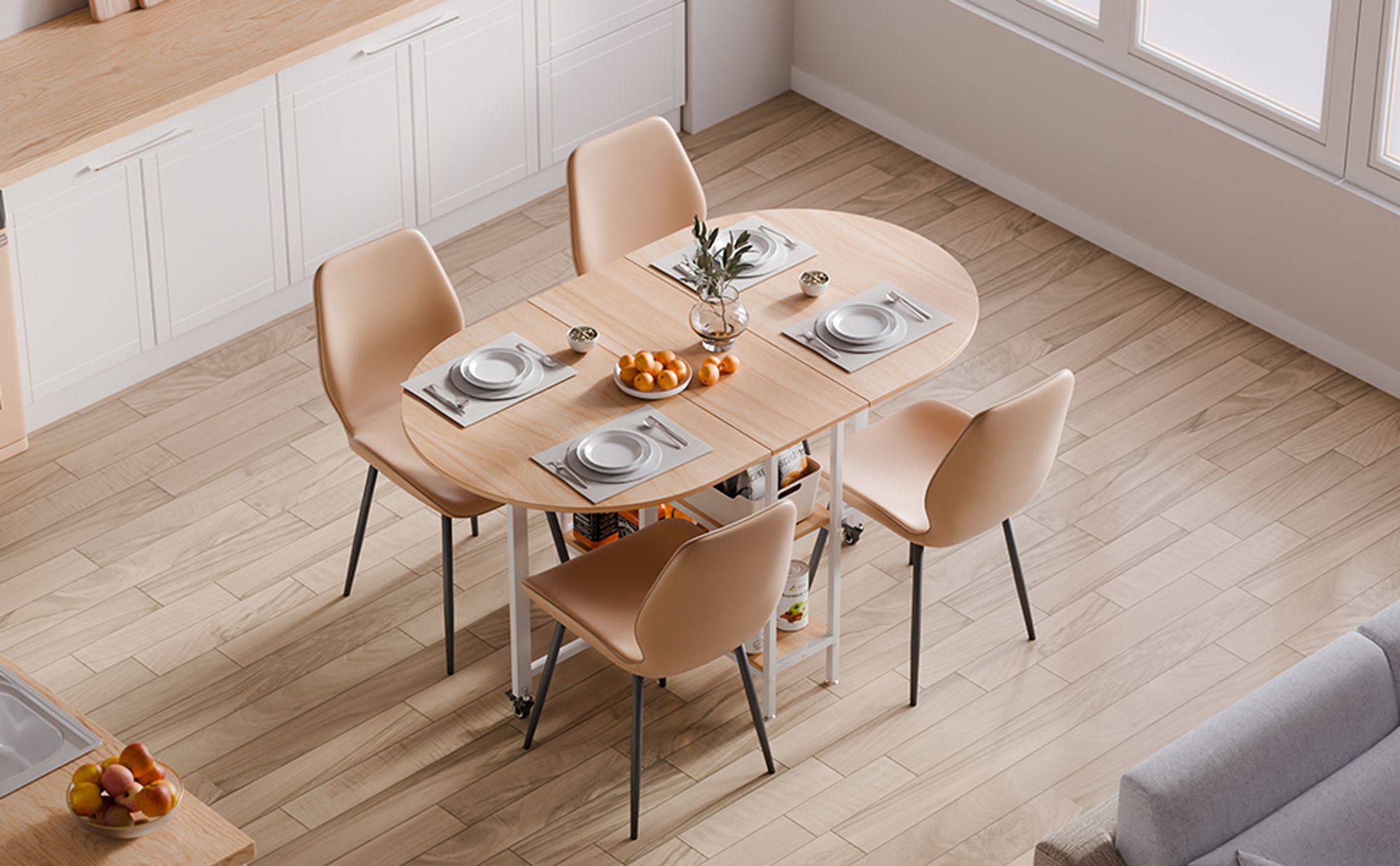 Mondeer Klappbarer Esstisch Küchentisch mit 2 Ablagen und Rollen 140 x 80 x 75 cm Eiche+Weiß