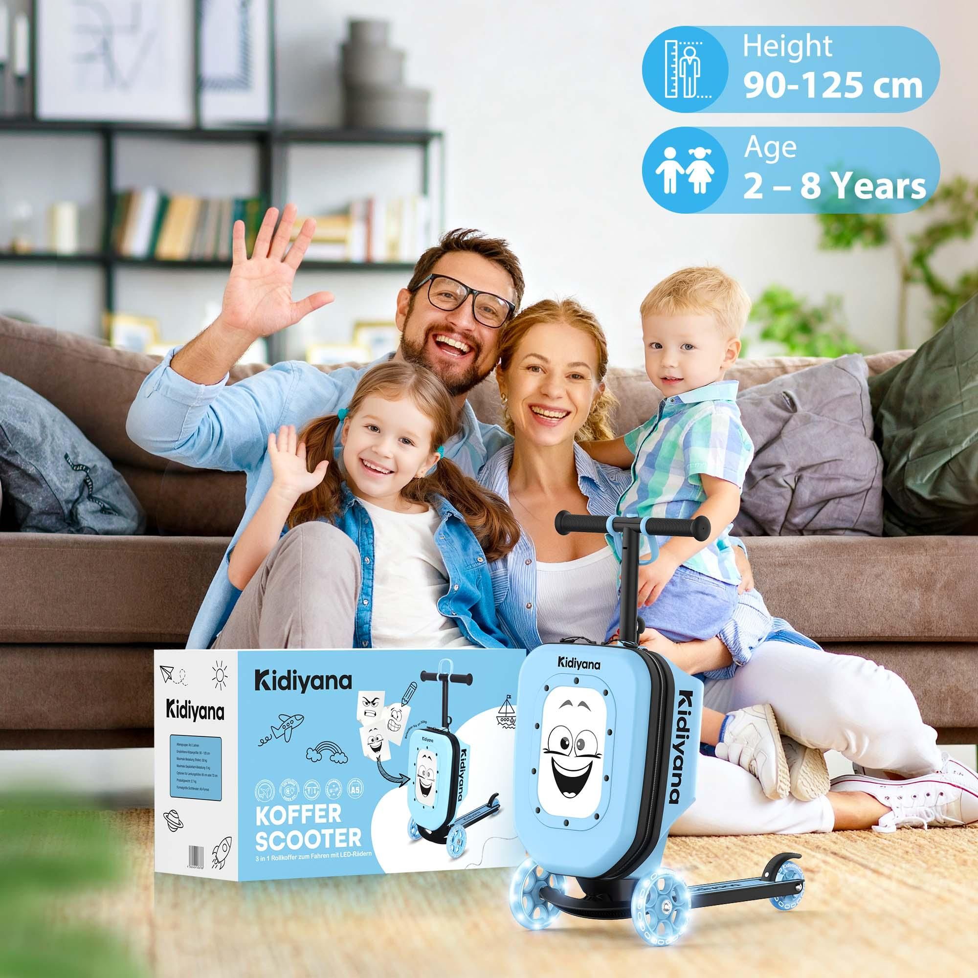 das Bild zeigt den Kinderroller im Wohnzimmer an, Höhe und Maße ebenfalls angegeben