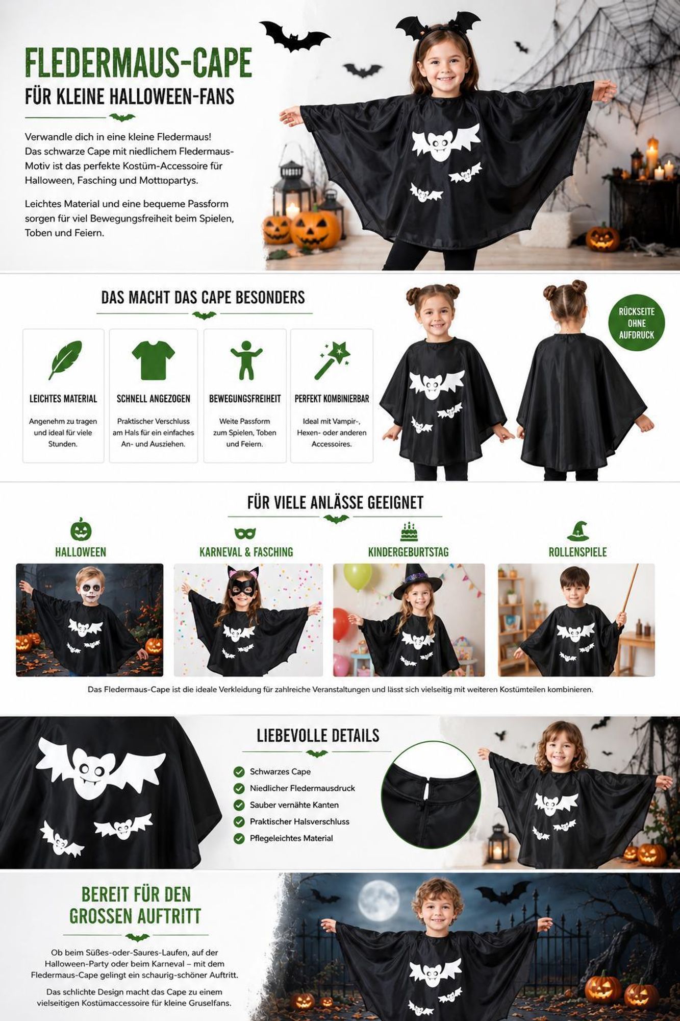 Cape Fledermaus Halloween Kostüm, Umhang für Kinder, Karneval Verkleidung (104/116)
