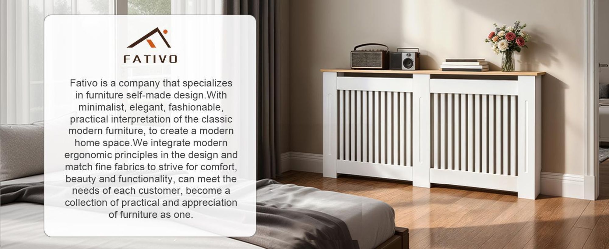 FATIVO Copritermosifone 152x20x83 cm – copritermo bianco effetto legno, in MDF spesso, con lamelle verticali