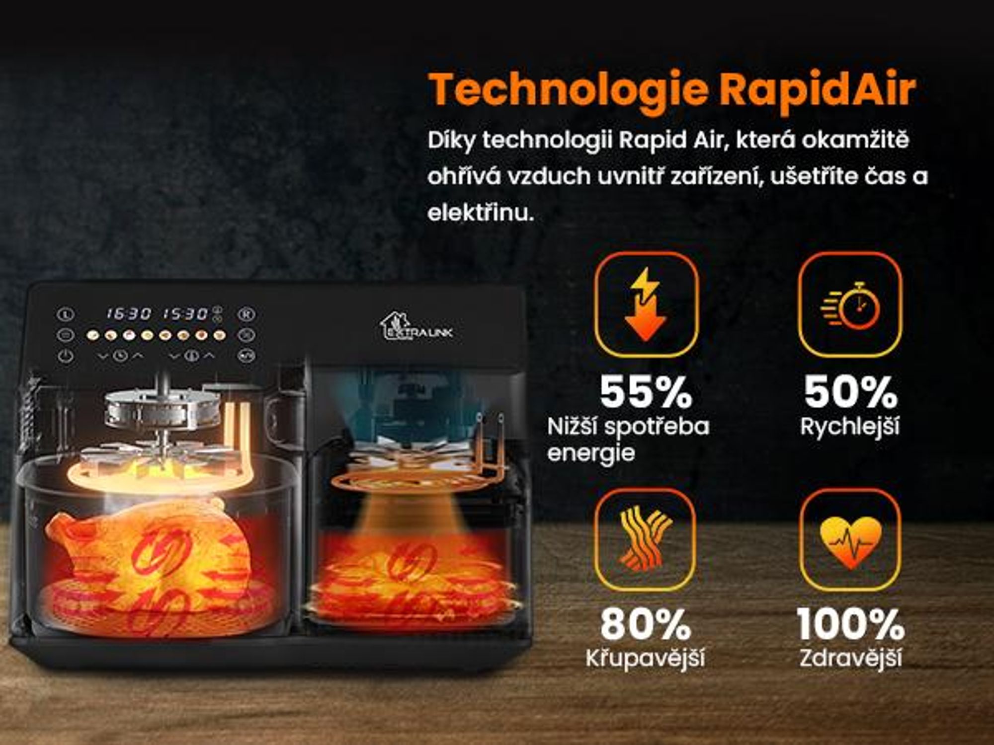 Extralink Air Fryer SJ-1000 10 l (6 l + 4 l), 2500 W, Dual Basket, horkovzdušná fritéza