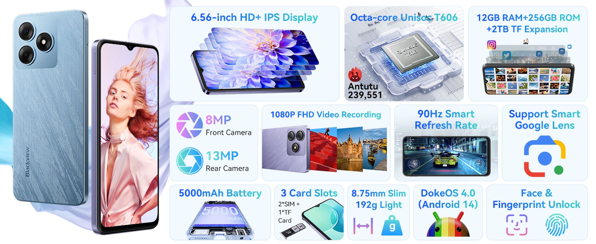 Telefon Blackview Wave 8 AI bez umowy, dwie karty SIM, wyświetlacz IPS HD+ 6,56", 12 GB pamięci RAM + 256 GB pamięci wewnętrznej, ośmiordzeniowy procesor, bateria 5000 mAh, aparaty 13 MP + 8 MP, Face ID, rozdzielczość 1080p FHD