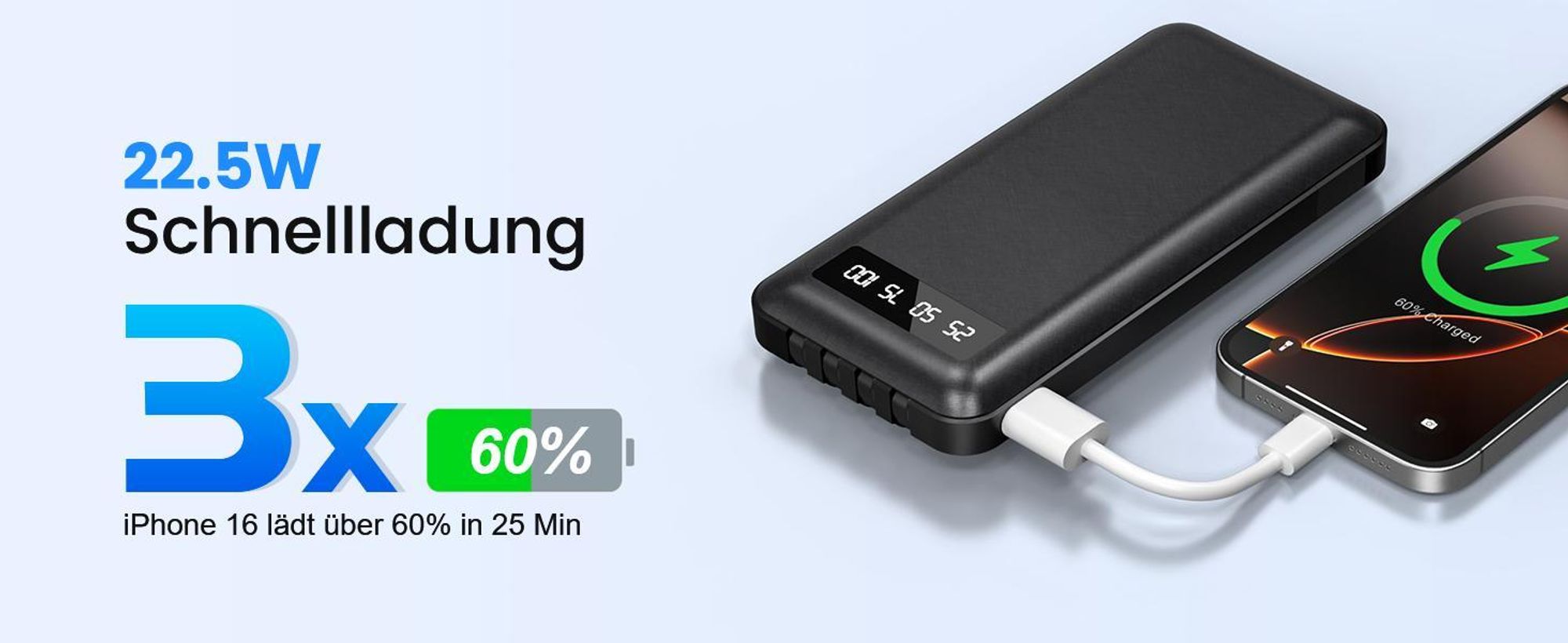 Powerbank, Tragbares Ladegerät, Externes Ladegerät, 20.000 mAh, 22,5W Schnellladegerät, mit 4 integriertem Kabel