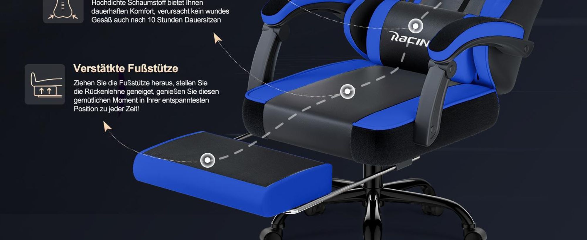 Portreen Gaming Stuhl,Bürostuhl Ergonomischer Gaming Sessel mit Lendenwirbelstütze Fußstütze, gepolstert,Kopfkissen Gaming Stuhl, 150kg Gaming Chair