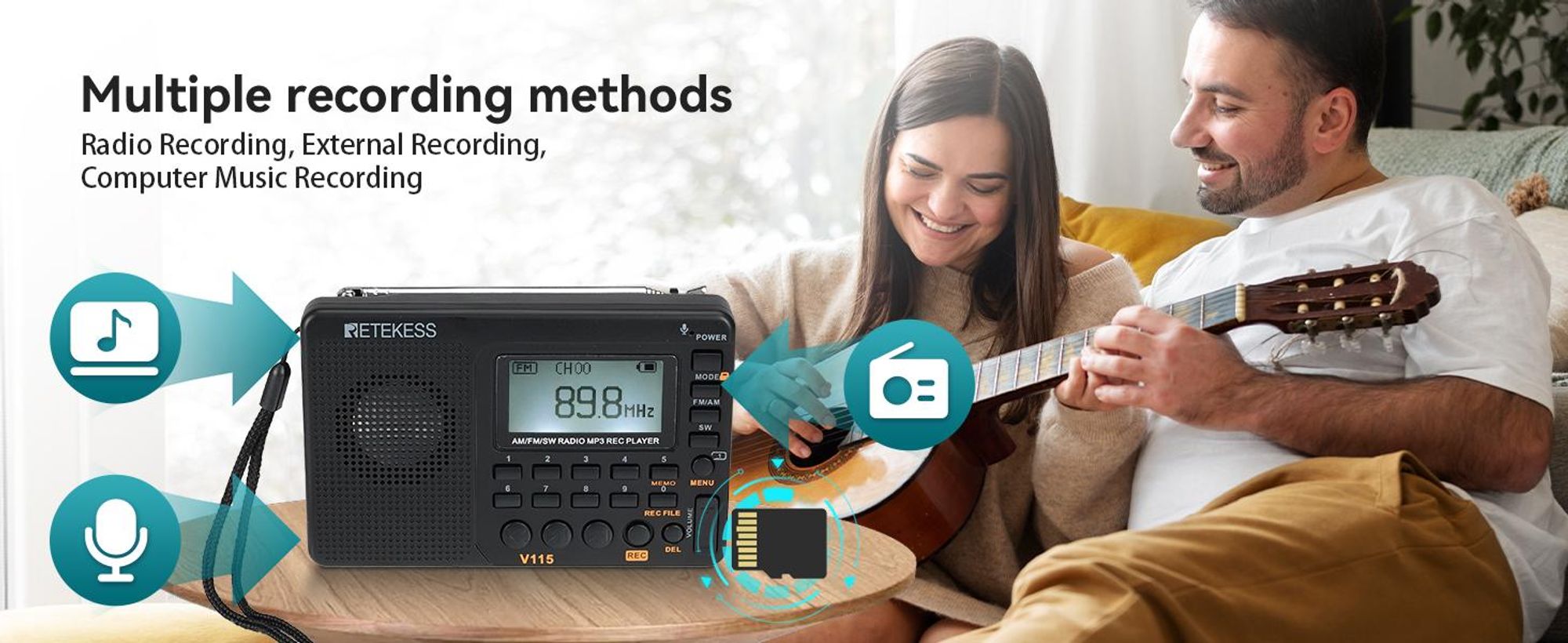 Stecken Sie eine TF-Karte ein und Sie können mit diesem Digitalradio Radioprogramme aufzeichnen.