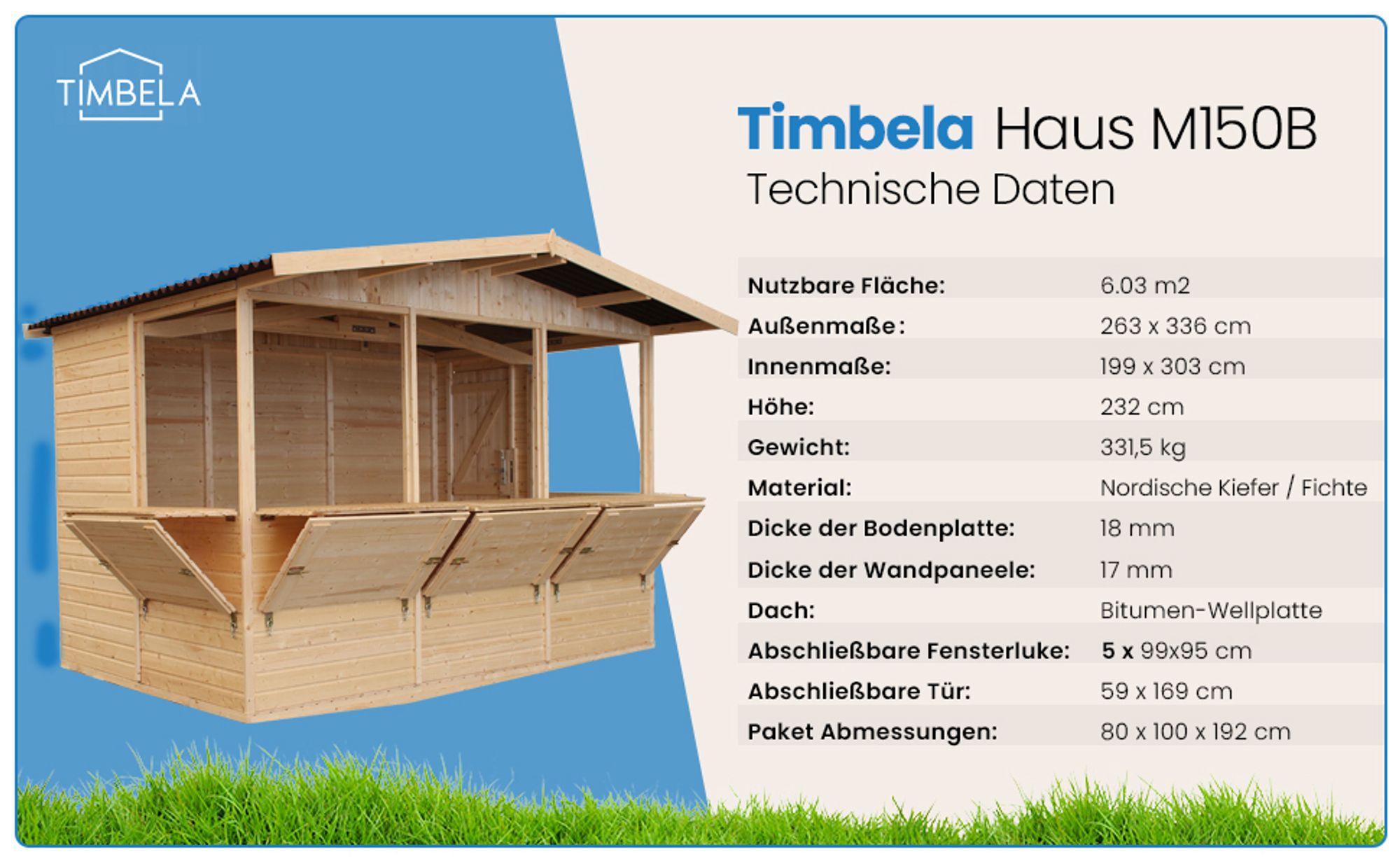 TIMBELA M150B H232x336x263 cm/6 m2, große multifunktionale Garten-Bar Verkaufshütte Verkaufsstände aus Holz