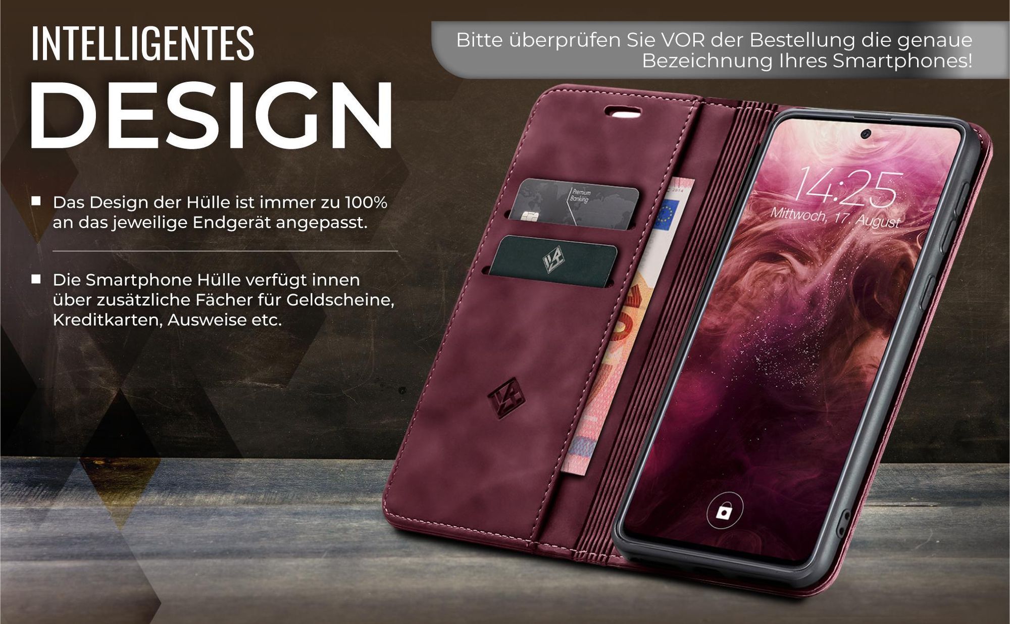 Edle Schutzhülle in Weinrot für Samsung Galaxy A57 5G mit Kartenfächern und Geldfach