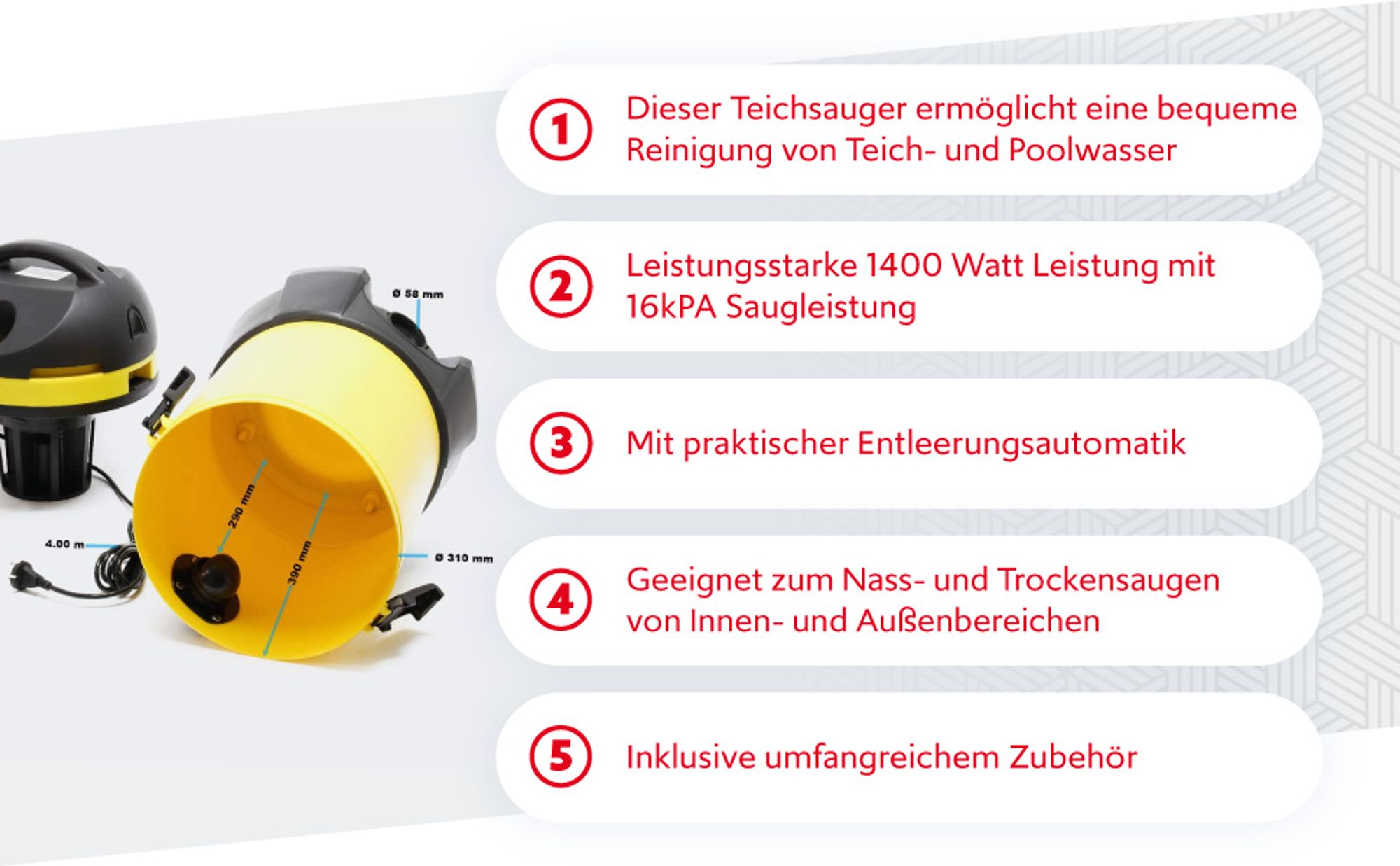 Wiltec Teichsauger 1400 W, 30 L Füllmenge, mit 2 Schläuchen, Poolsauger Schlammsauger Teichschlammsauger Nass Trocken Sauger mit Entleerungsautomatik