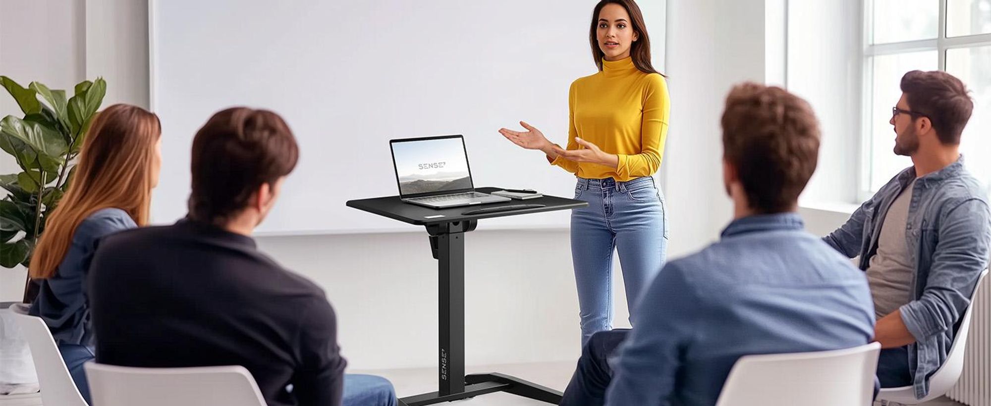SENSE7 Stôl na kolieskach Mobilný stôl Sklopná doska stola Výškovo nastaviteľná Veľká pracovná plocha Moderný a minimalistický 70 x 52 cm biely