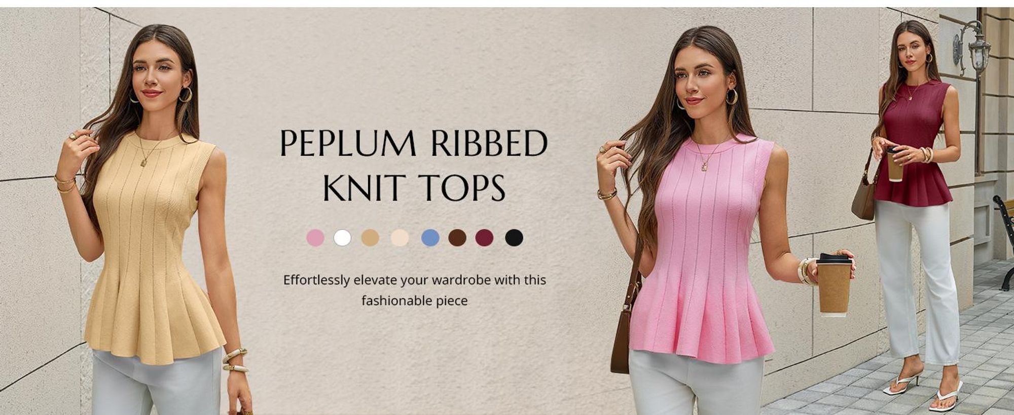 Damen-Tanktops mit Peplum-Schößchen,taillierte,gerippte Strickblusen mit Rundhalsausschnitt,Sommer-Strickweste