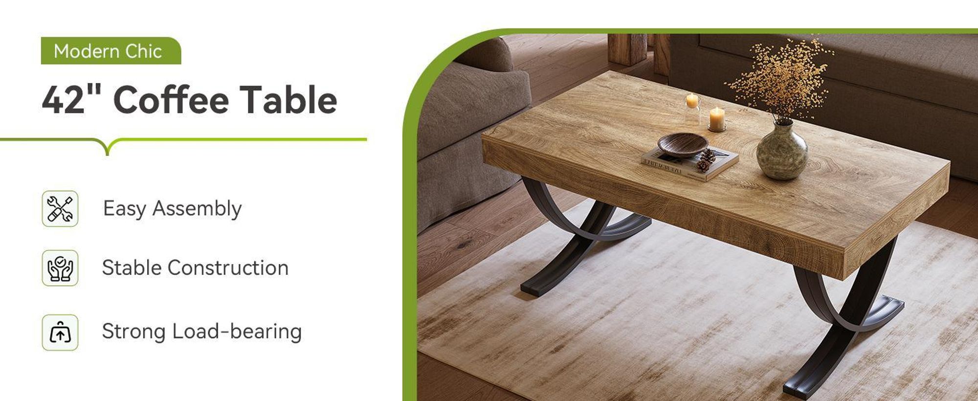 Tribesigns Couchtisch Holz, moderner Wohnzimmertisch Industriestil, mit geschwungenenKreuzbeinen, dicke Tischplatte mit Holzmaserung, rustikales Braun